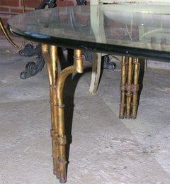 Hollywood Regency Gilt Iron and Glass Faux Bamboo Coffee Table