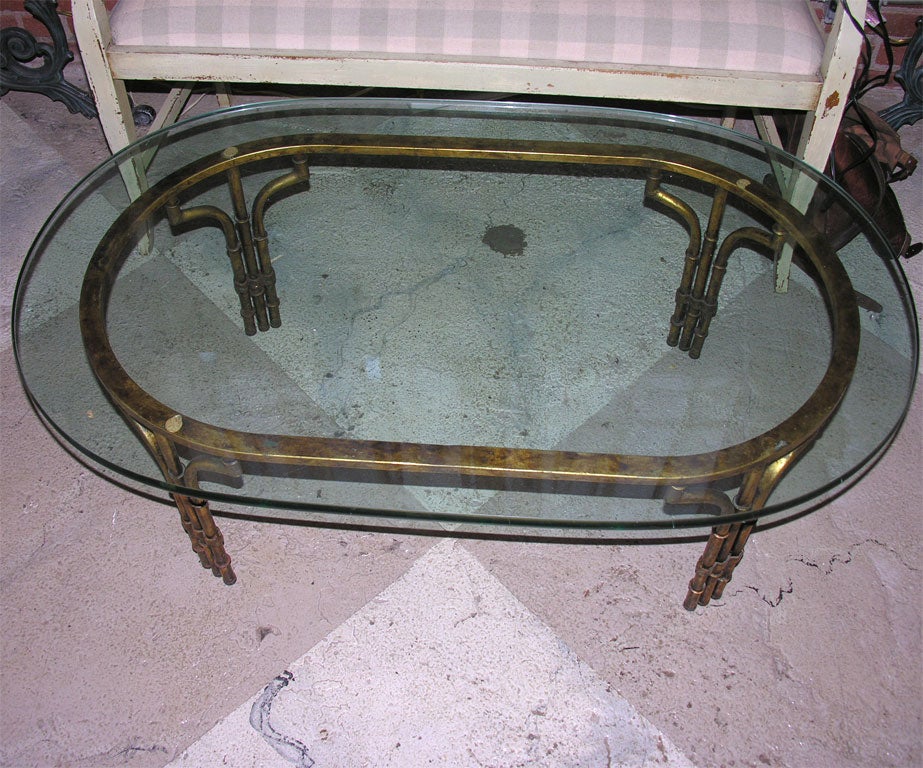 Hollywood Regency Gilt Iron and Glass Faux Bamboo Coffee Table 1