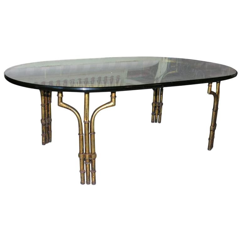 Hollywood Regency Gilt Iron and Glass Faux Bamboo Coffee Table