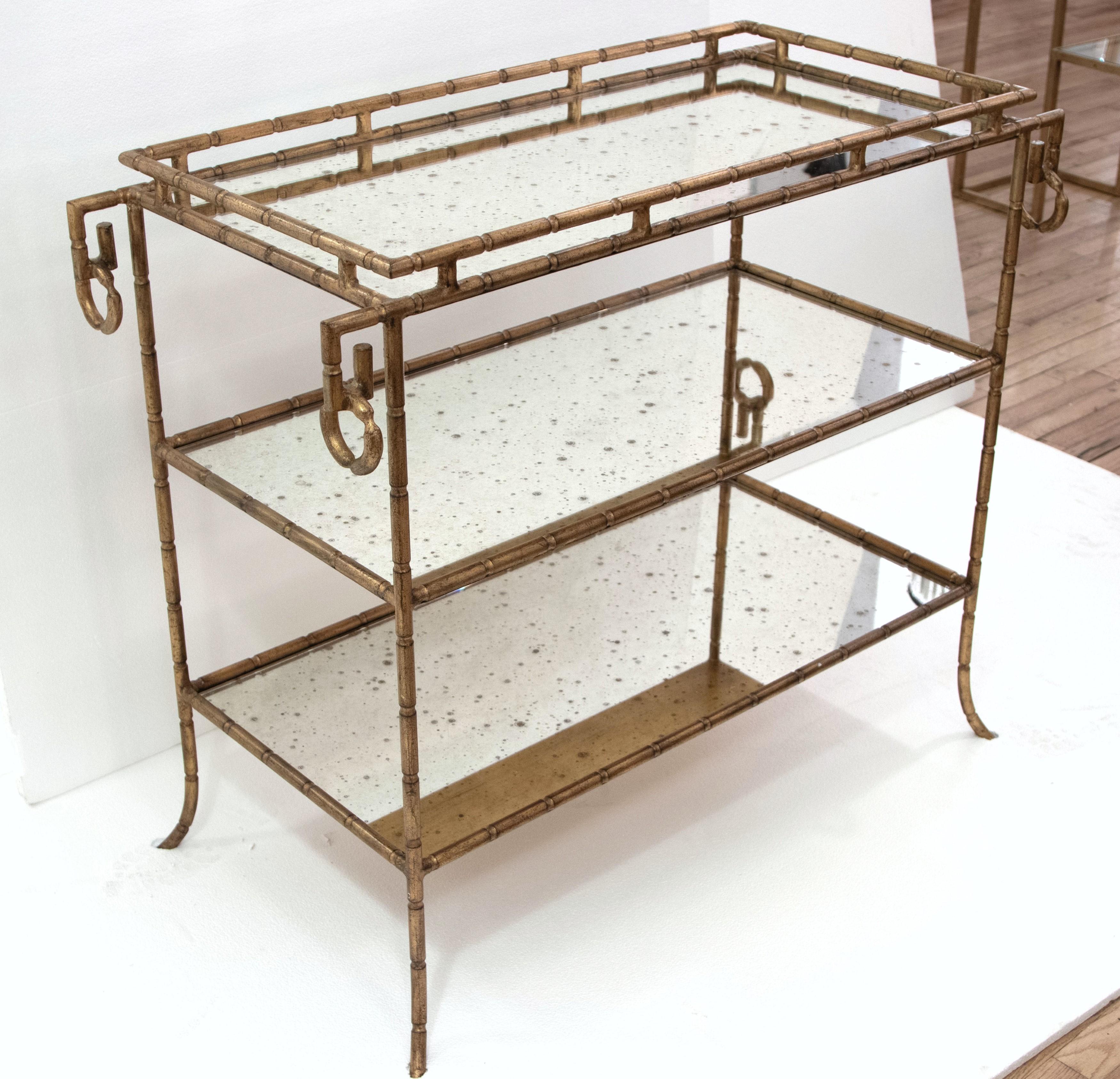 Hollywood Regency Gilt Iron Bar Antique Mirror Shelves In Good Condition For Sale In New York, NY