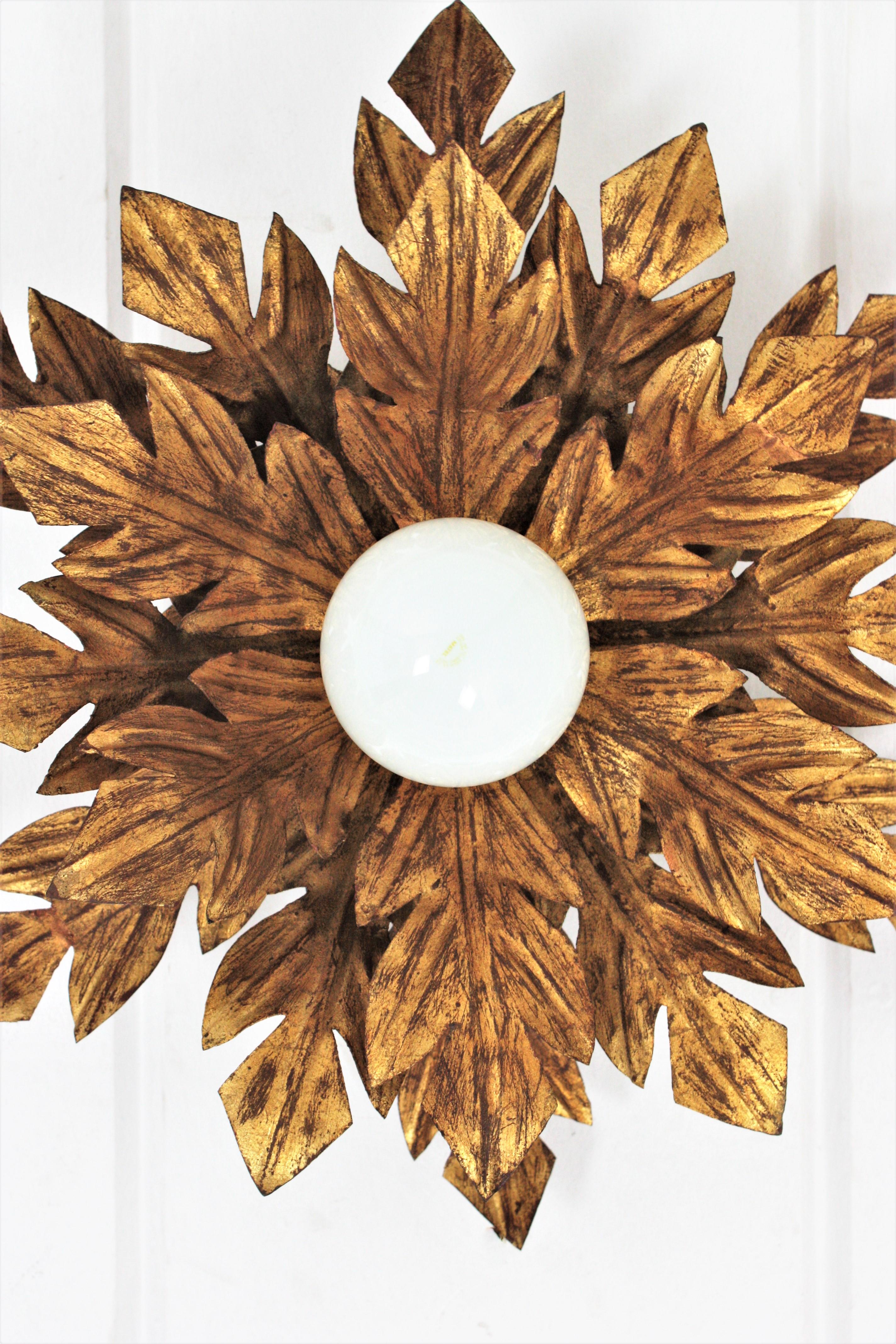 20th Century Spanish 1950s Sunburst Flower Foliage Gilt Iron Light Fixture For Sale