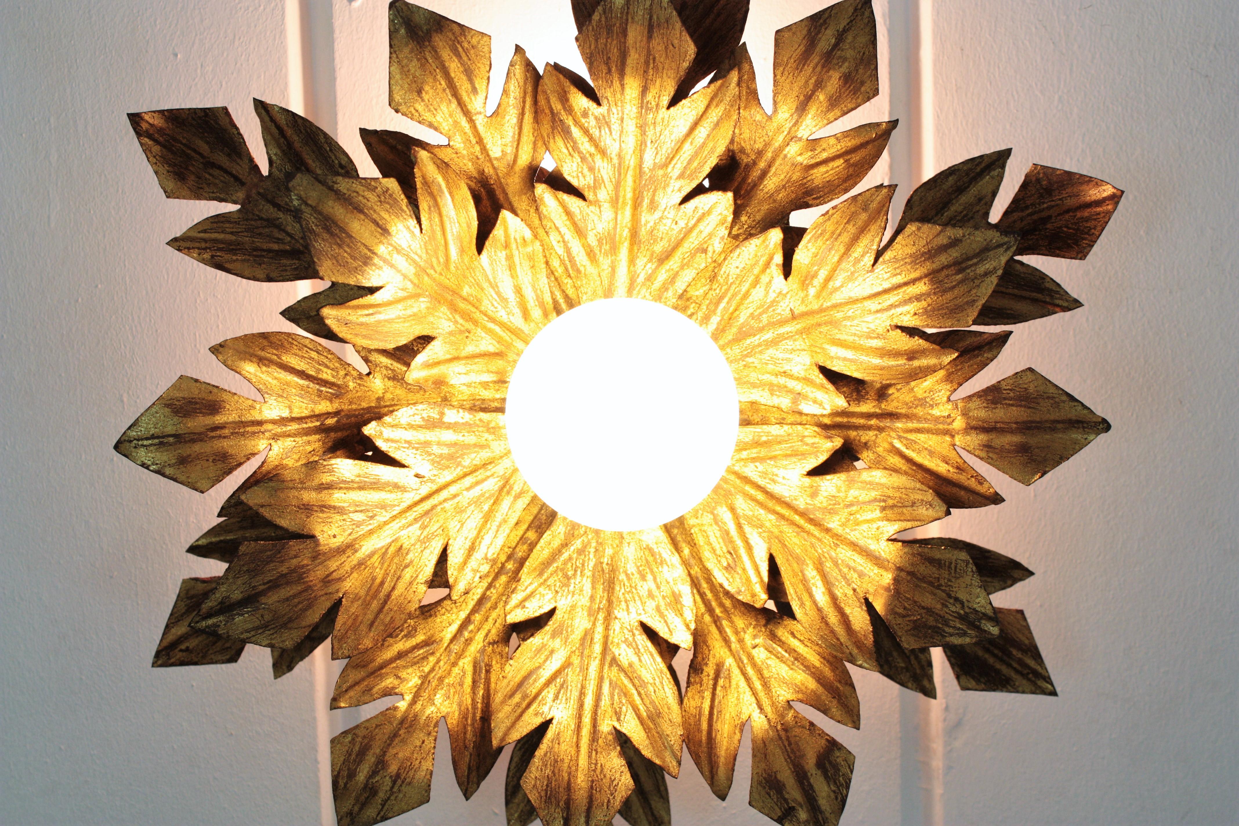 Gold Leaf Spanish 1950s Sunburst Flower Foliage Gilt Iron Light Fixture For Sale