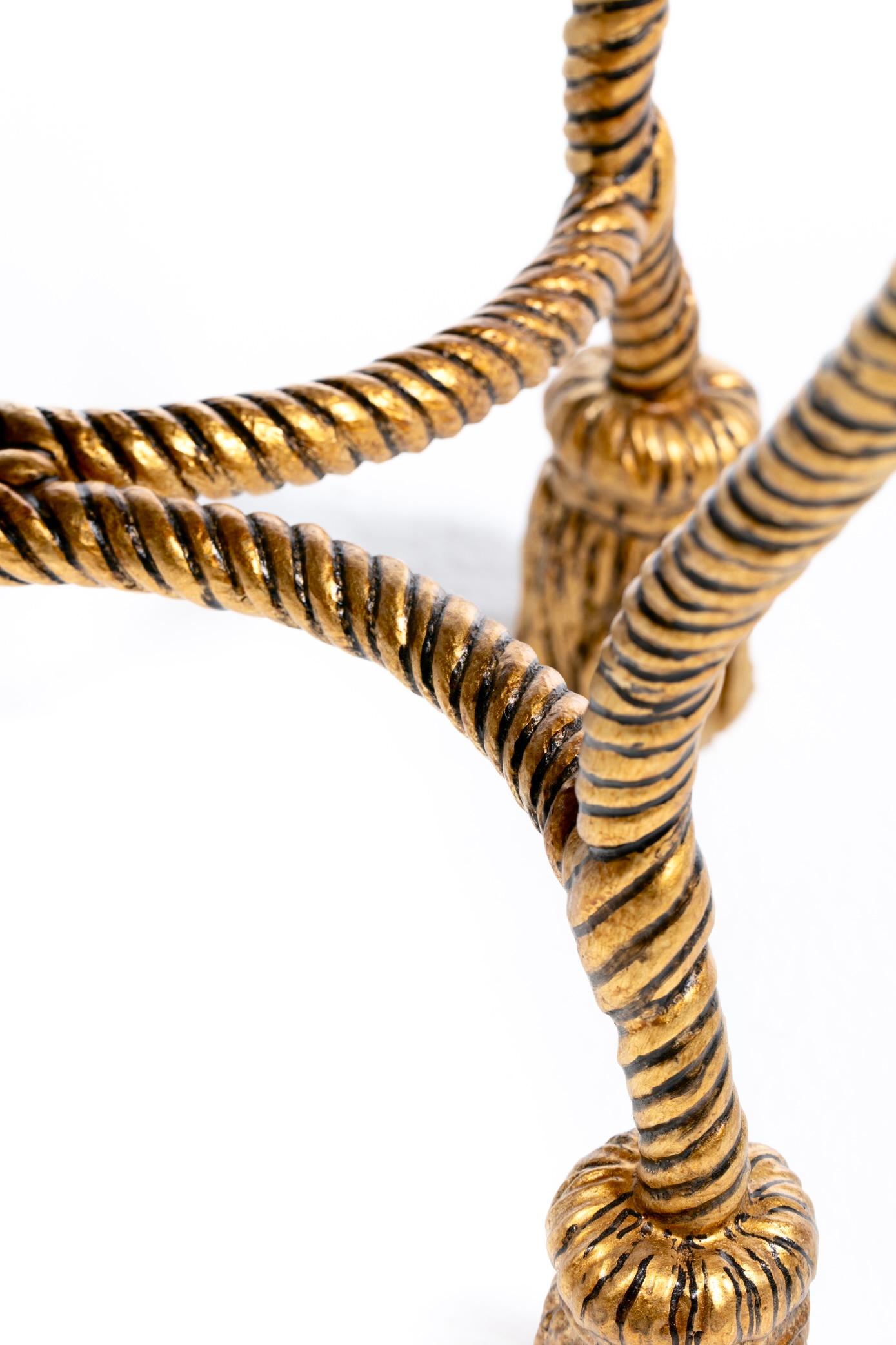 Hollywood Regency Gilt Iron Rope & Tassel Vanity Stool in Chic Leopard Velvet For Sale 4