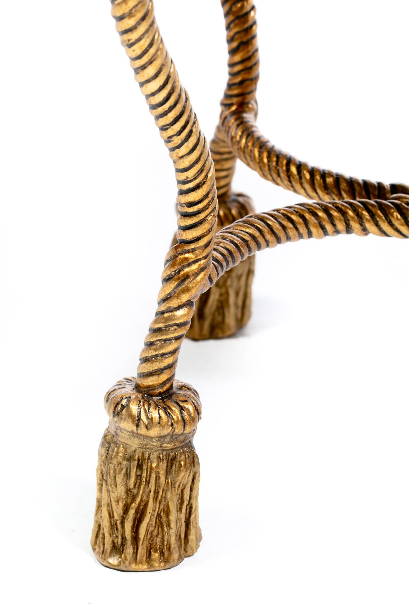 Hollywood Regency Gilt Iron Rope & Tassel Vanity Stool in Chic Leopard Velvet For Sale 5