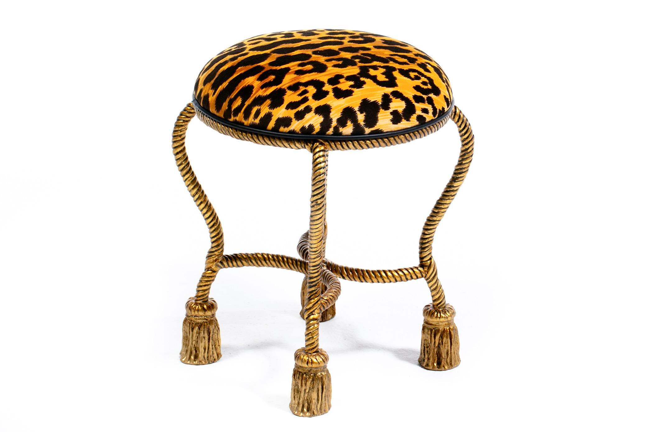 Hollywood Regency Gilt Iron Rope & Tassel Vanity Stool in Chic Leopard Velvet For Sale 6