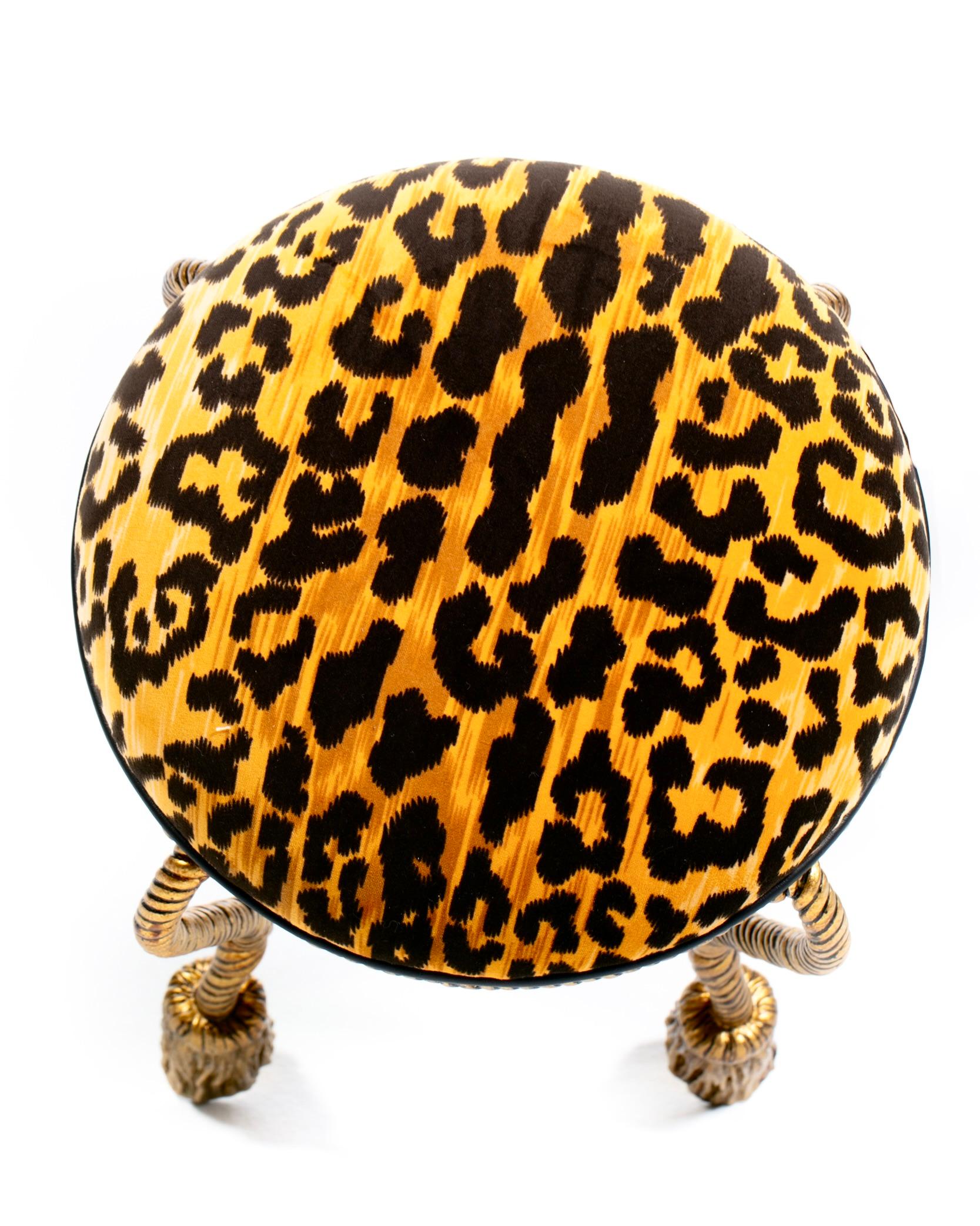 1960s Italian gilt iron rope and tassel Hollywood Regency stool fully professionally restored with new leopard velvet upholstery and seat cushion. Incredibly sturdy and impressively well made of iron, this Napoleon III style rope and tassel stool