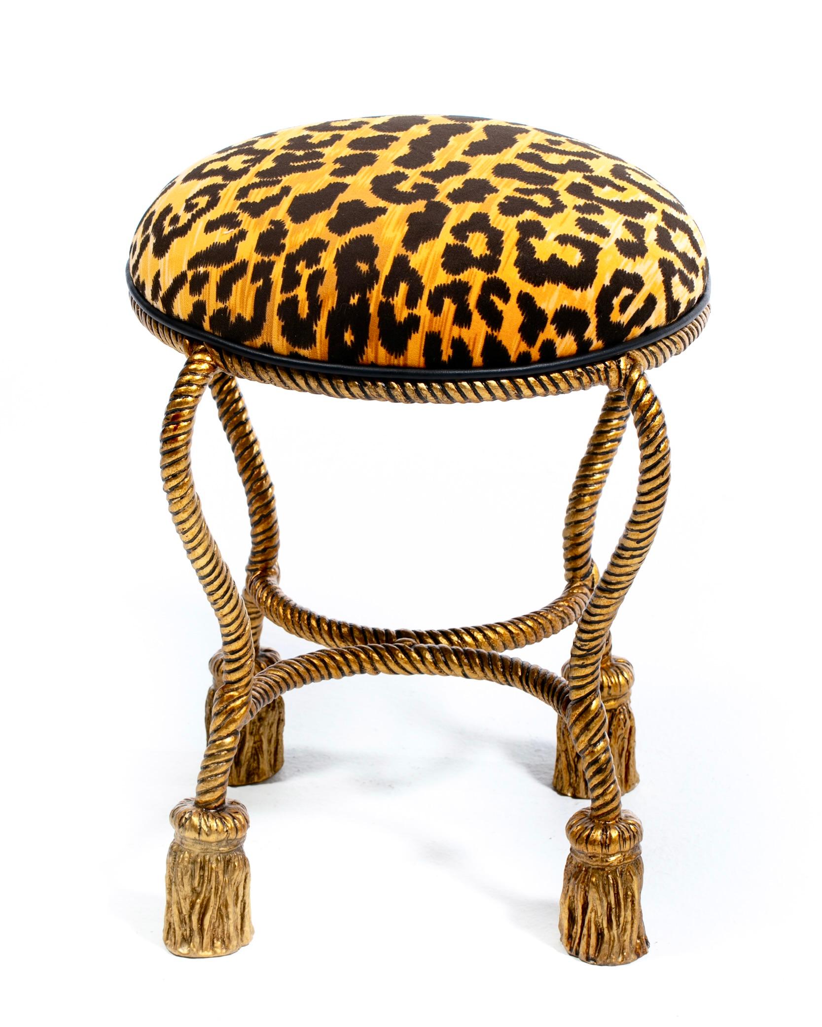 Italian Hollywood Regency Gilt Iron Rope & Tassel Vanity Stool in Chic Leopard Velvet For Sale