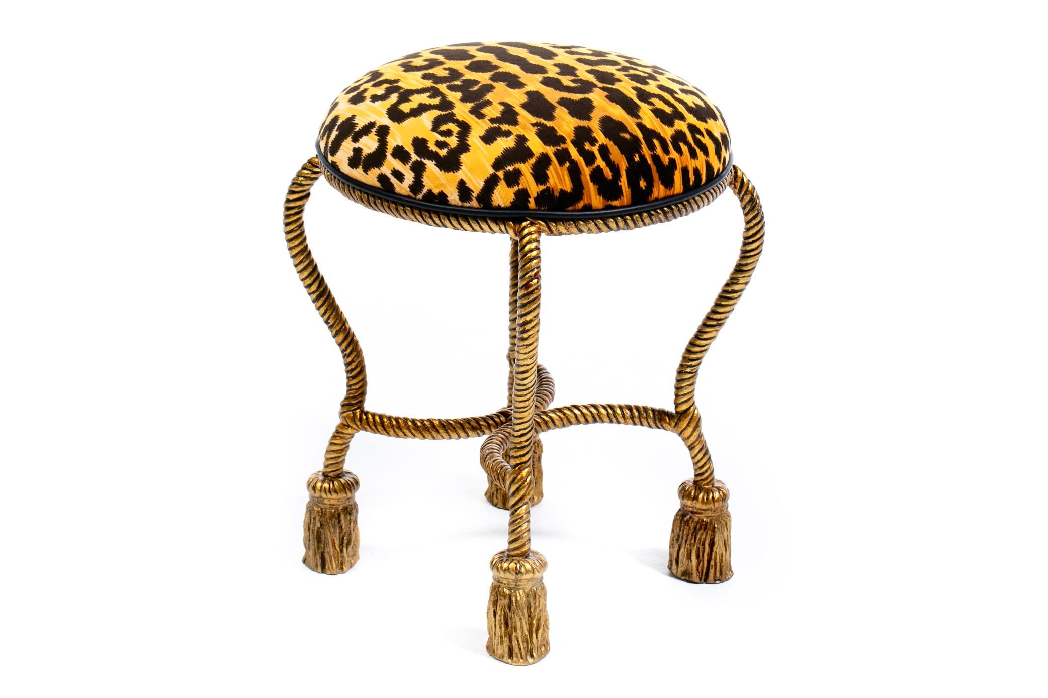 Hollywood Regency Gilt Iron Rope & Tassel Vanity Stool in Chic Leopard Velvet In Good Condition For Sale In Saint Louis, MO