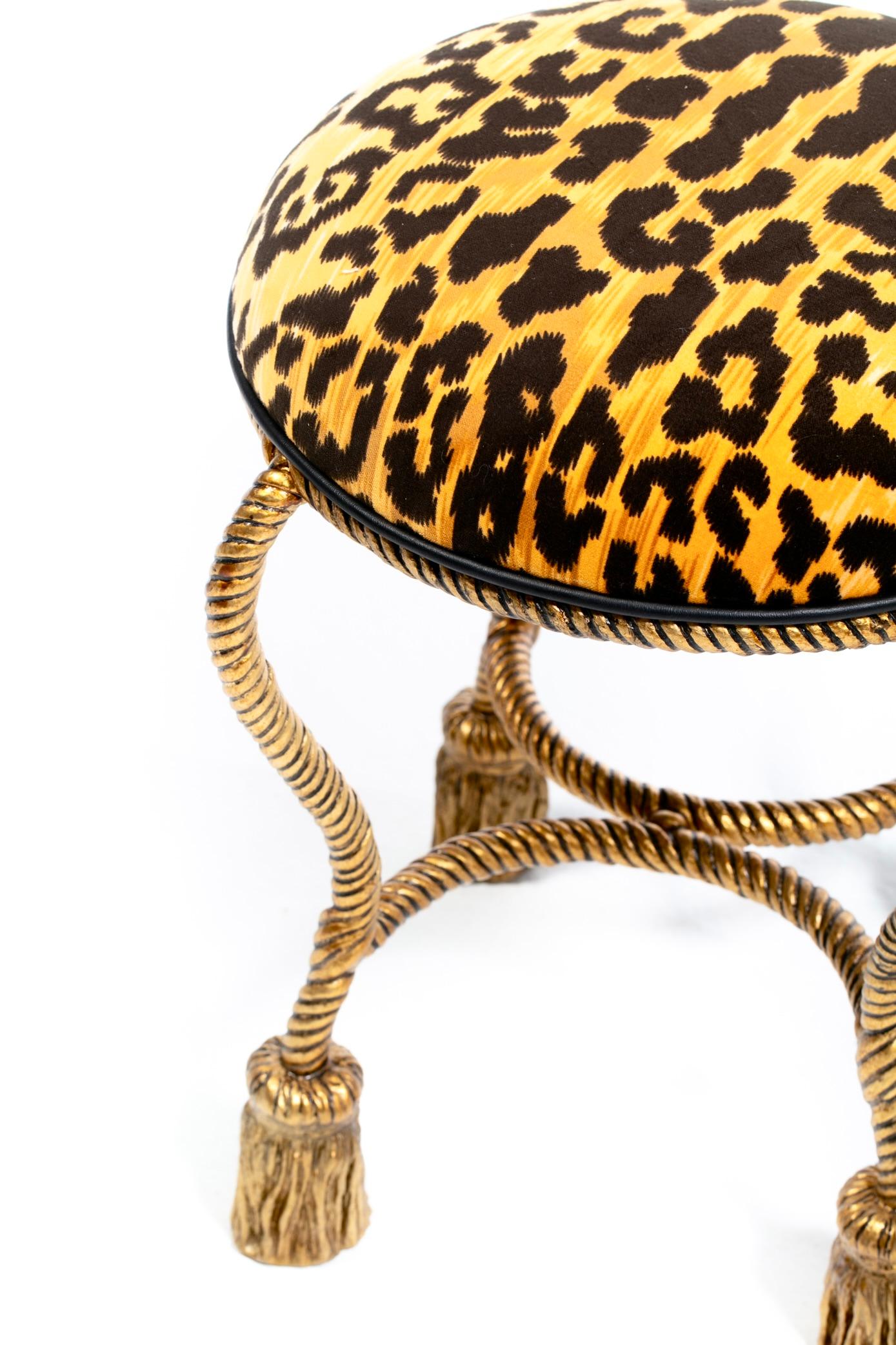Upholstery Hollywood Regency Gilt Iron Rope & Tassel Vanity Stool in Chic Leopard Velvet For Sale