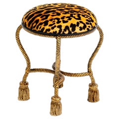 Hollywood Regency Gilt Iron Rope & Tassel Vanity Stool in Chic Leopard Velvet