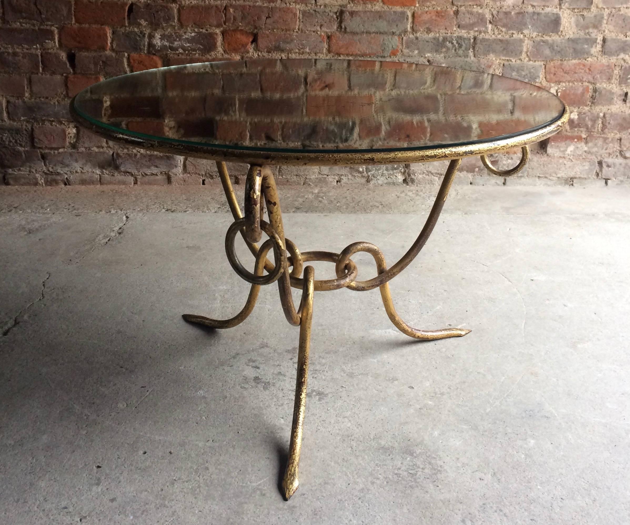 Hollywood Regency Gilt Iron Table Mirrored Top René Drouet, circa 1950s 4