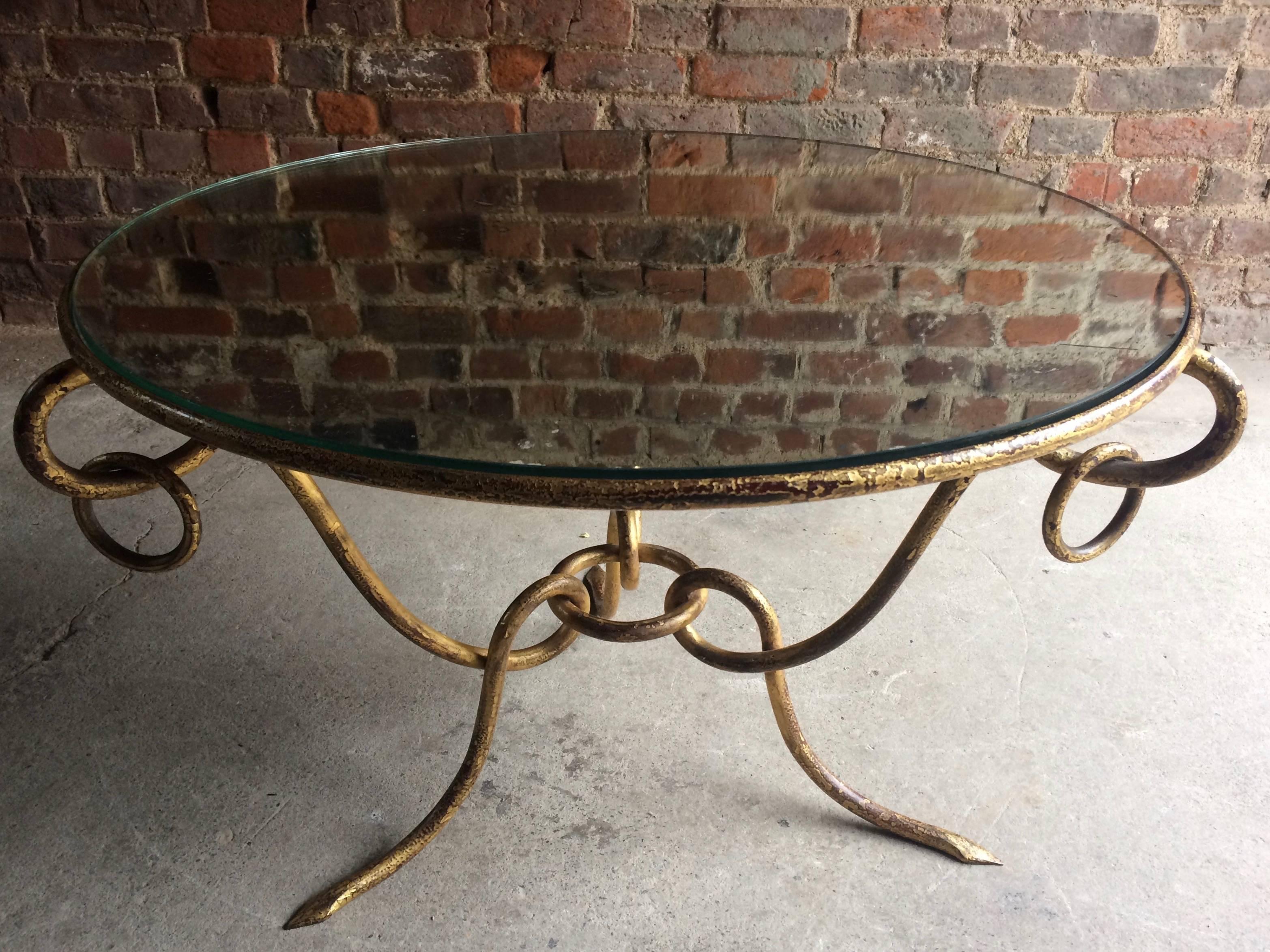 Hollywood Regency Gilt Iron Table Mirrored Top René Drouet, circa 1950s In Good Condition In Longdon, Tewkesbury