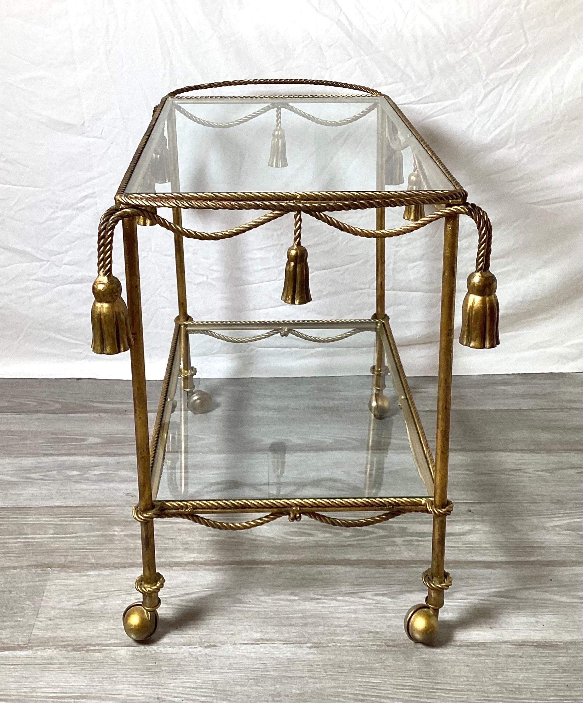 Hollywood Regency Gilt Metal and Glass Beverage Bar Cart In Good Condition In Lambertville, NJ