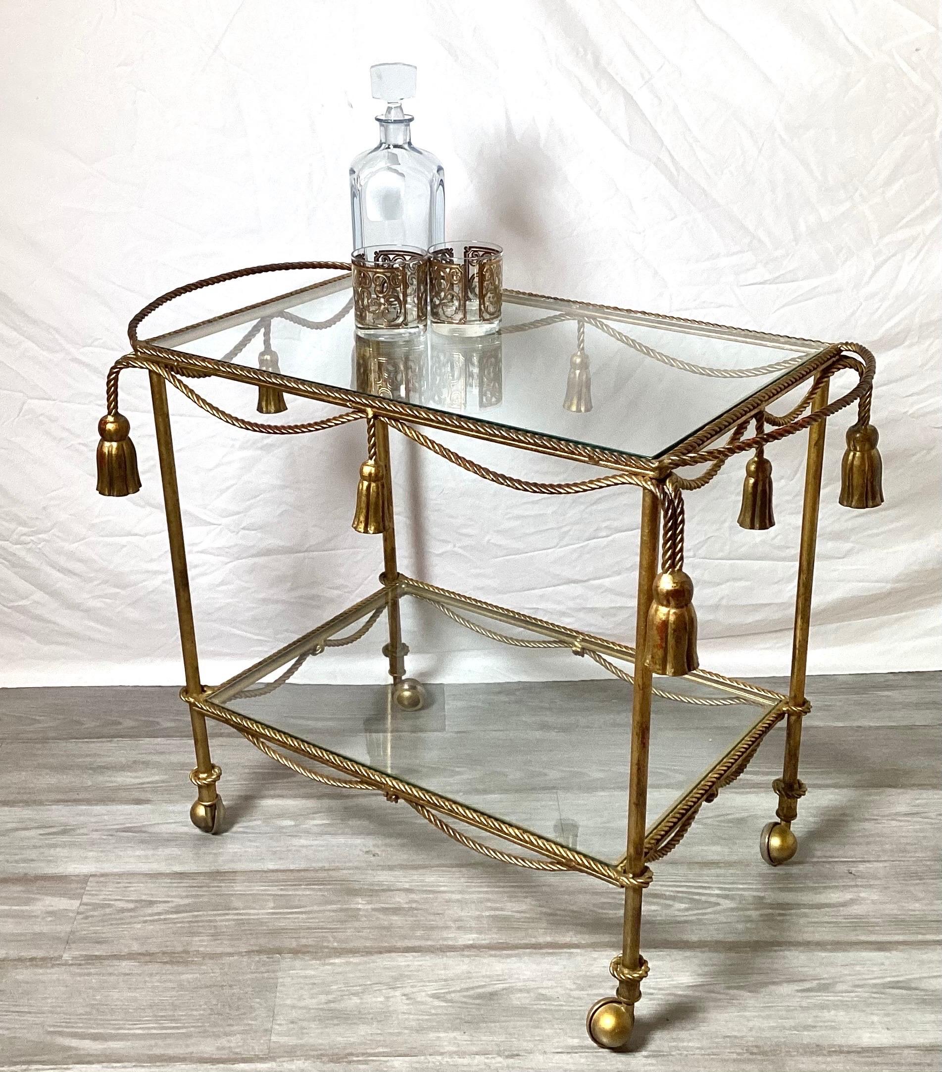 Hollywood Regency Gilt Metal and Glass Beverage Bar Cart 3