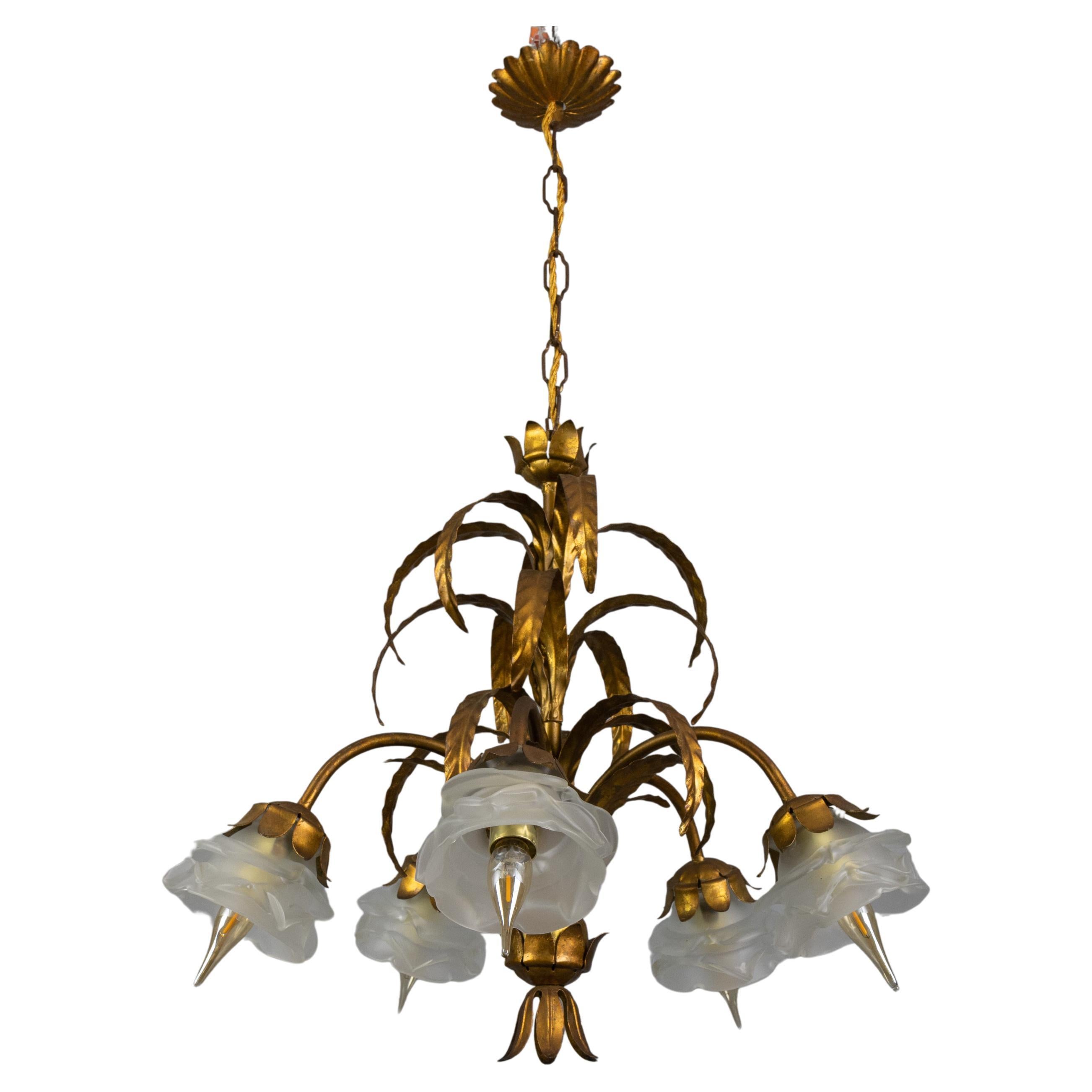 Hollywood Regency Gilt Metal and White Frosted Glass Five-Light Chandelier