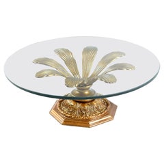 Hollywood Regency Gilt Metal Blossoming Flower Petal Glass Top Coffee Table