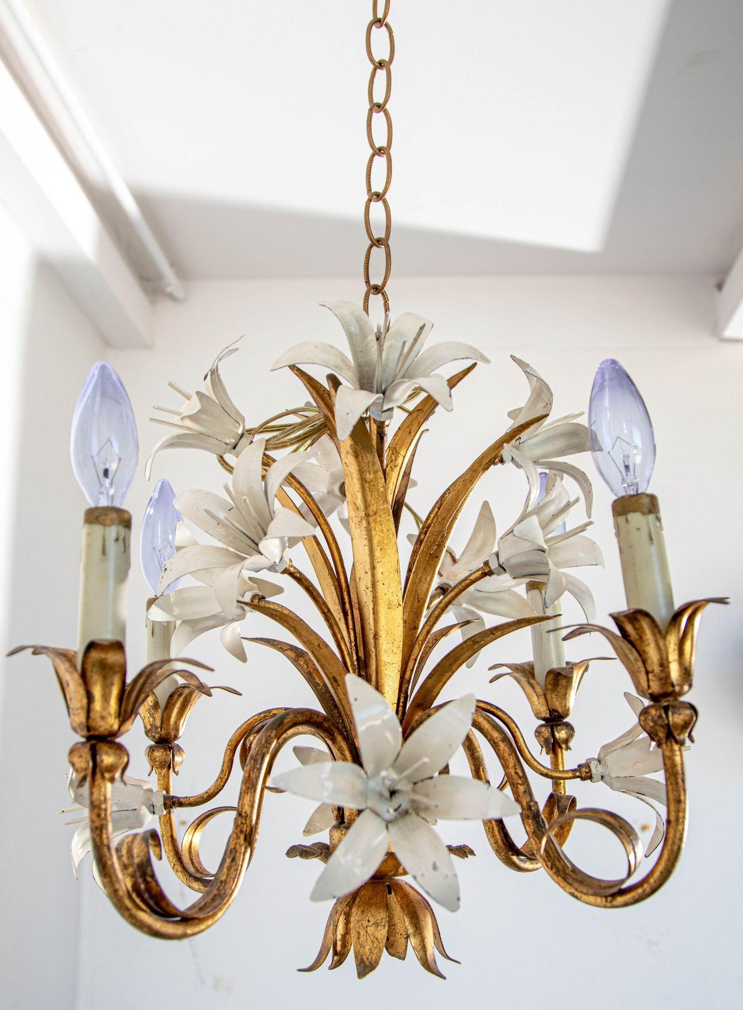 Hollywood Regency Gilt Metal Chandelier with White Lily Flowers For Sale 9