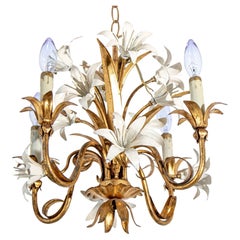 Hollywood Regency Gilt Metal Chandelier with White Lily Flowers