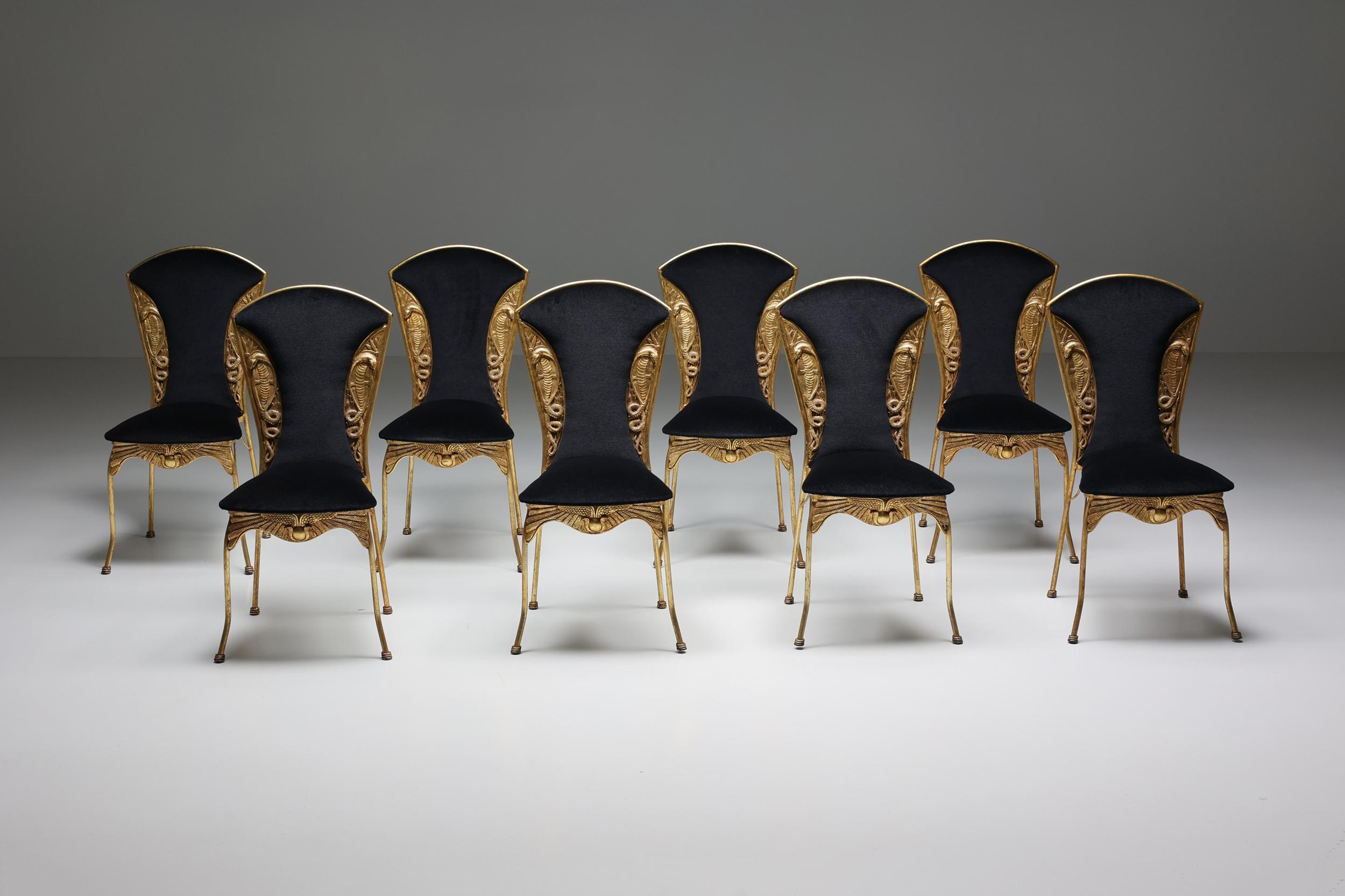French Hollywood Regency, Gilt Metal Cleopatra Dining Chairs Reupholstered, 1970's