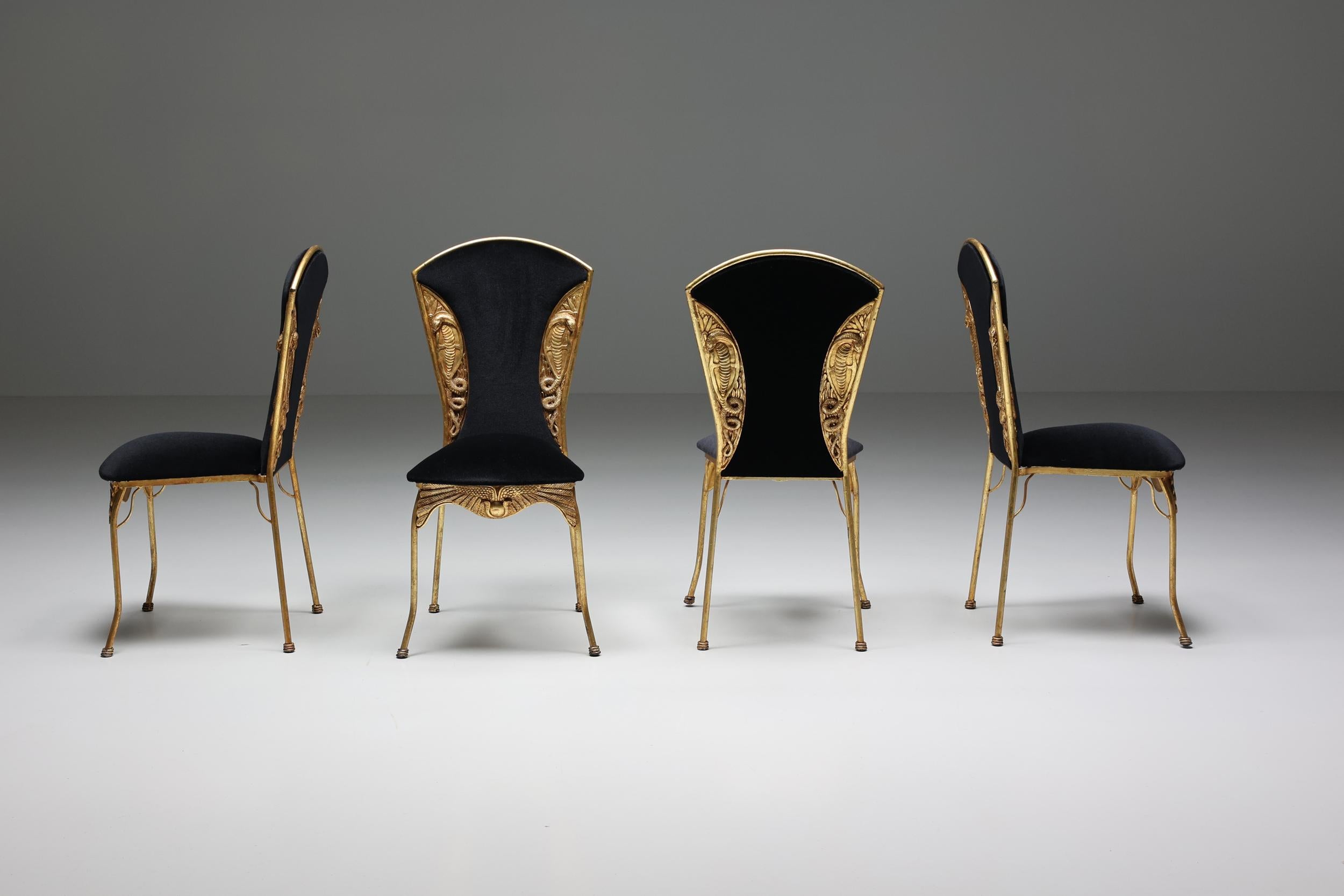Hollywood Regency, Gilt Metal Cleopatra Dining Chairs Reupholstered, 1970's In Excellent Condition In Antwerp, BE