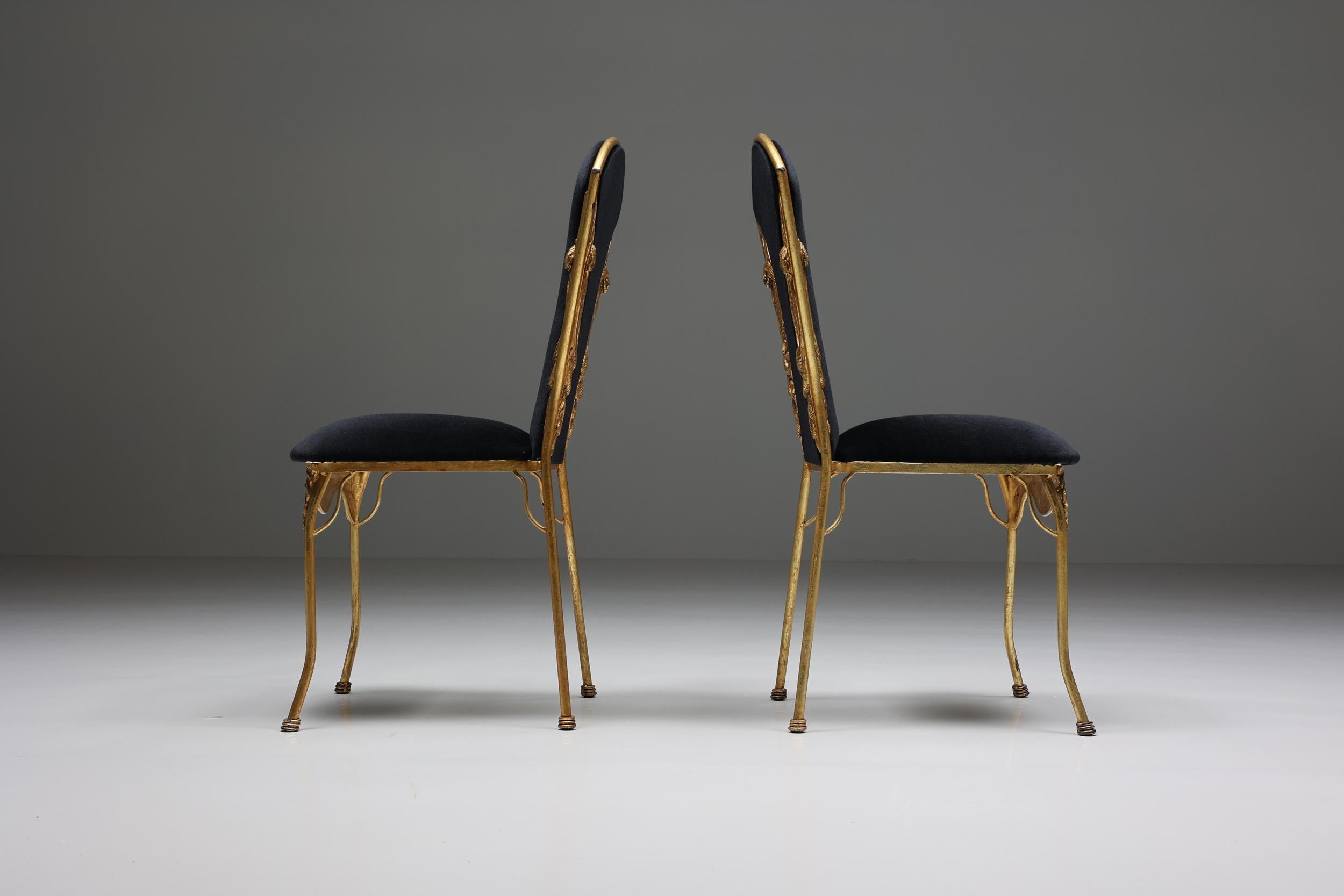 Late 20th Century Hollywood Regency, Gilt Metal Cleopatra Dining Chairs Reupholstered, 1970's