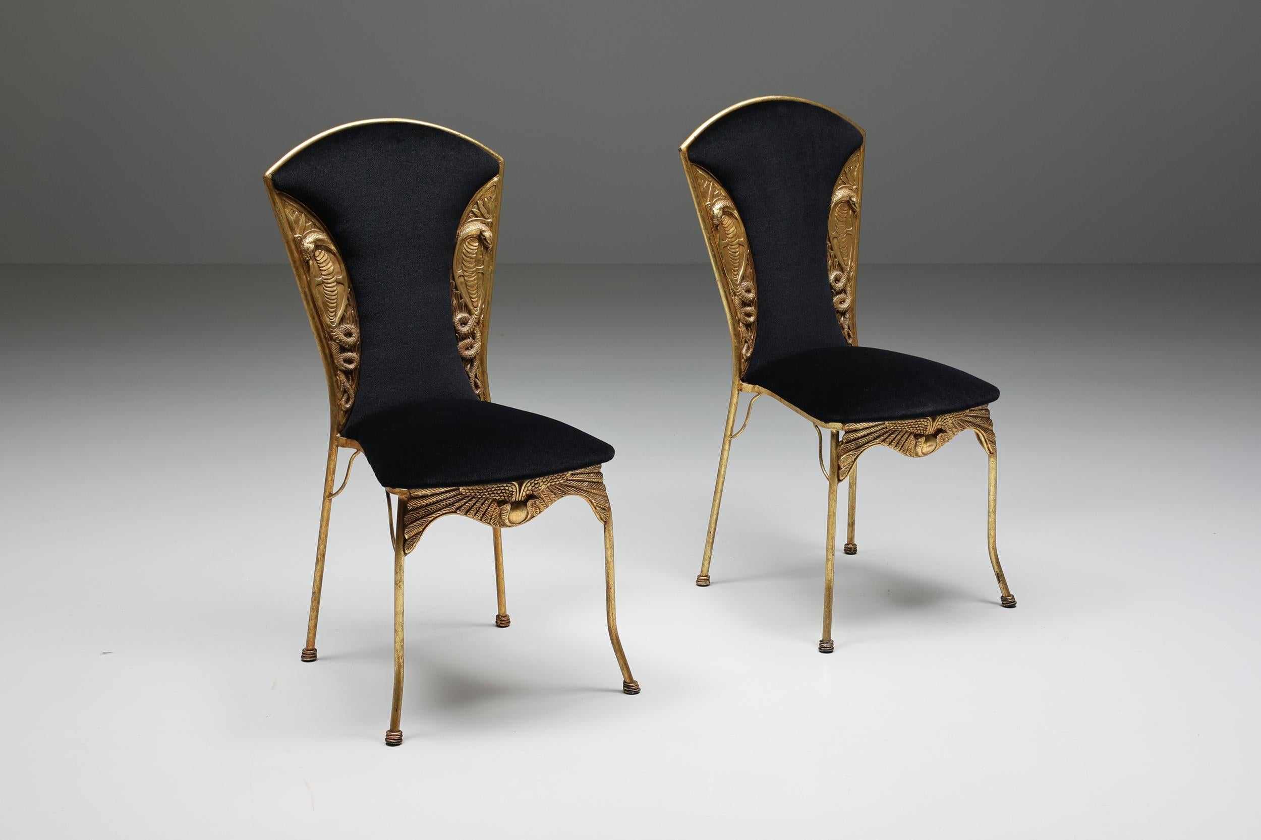 Hollywood Regency, Gilt Metal Cleopatra Dining Chairs Reupholstered, 1970's 1