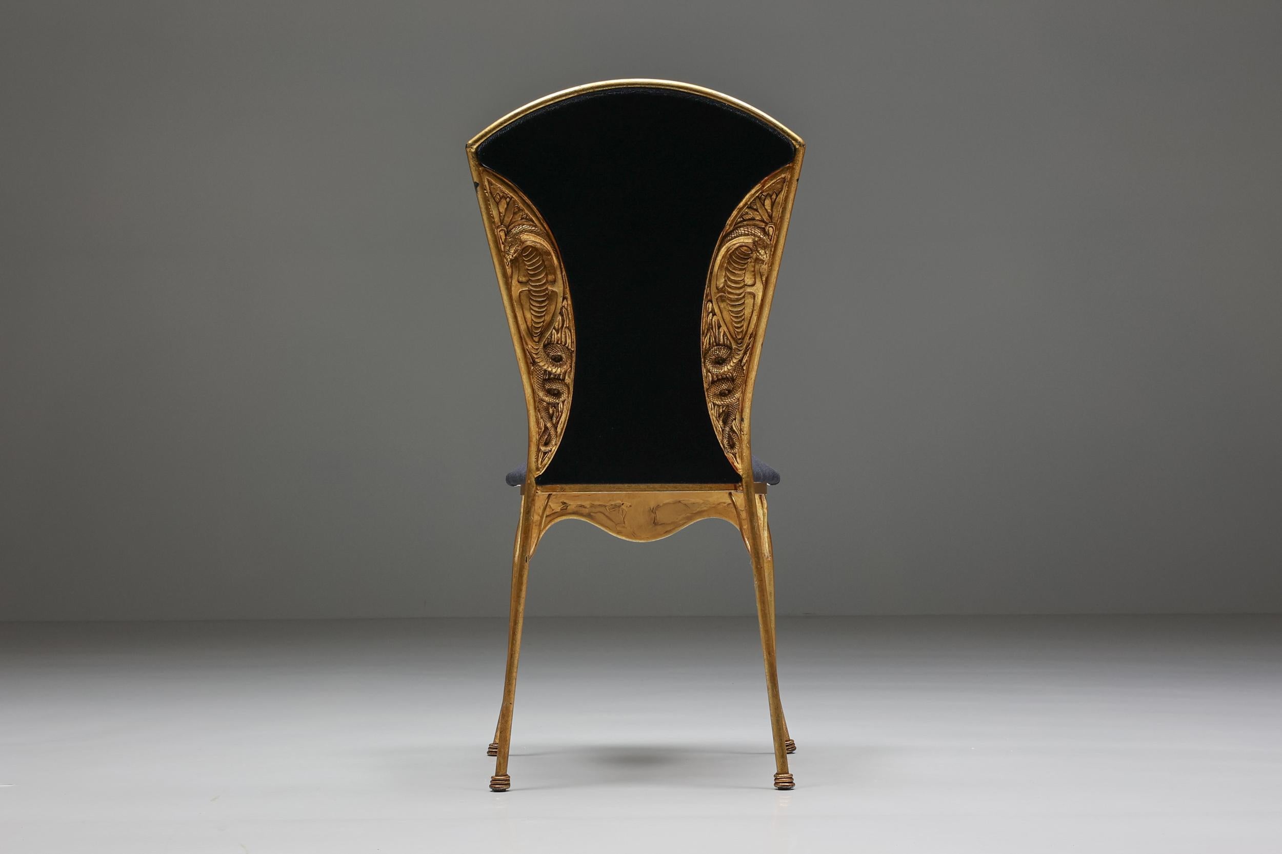 Hollywood Regency, Gilt Metal Cleopatra Dining Chairs Reupholstered, 1970's 2