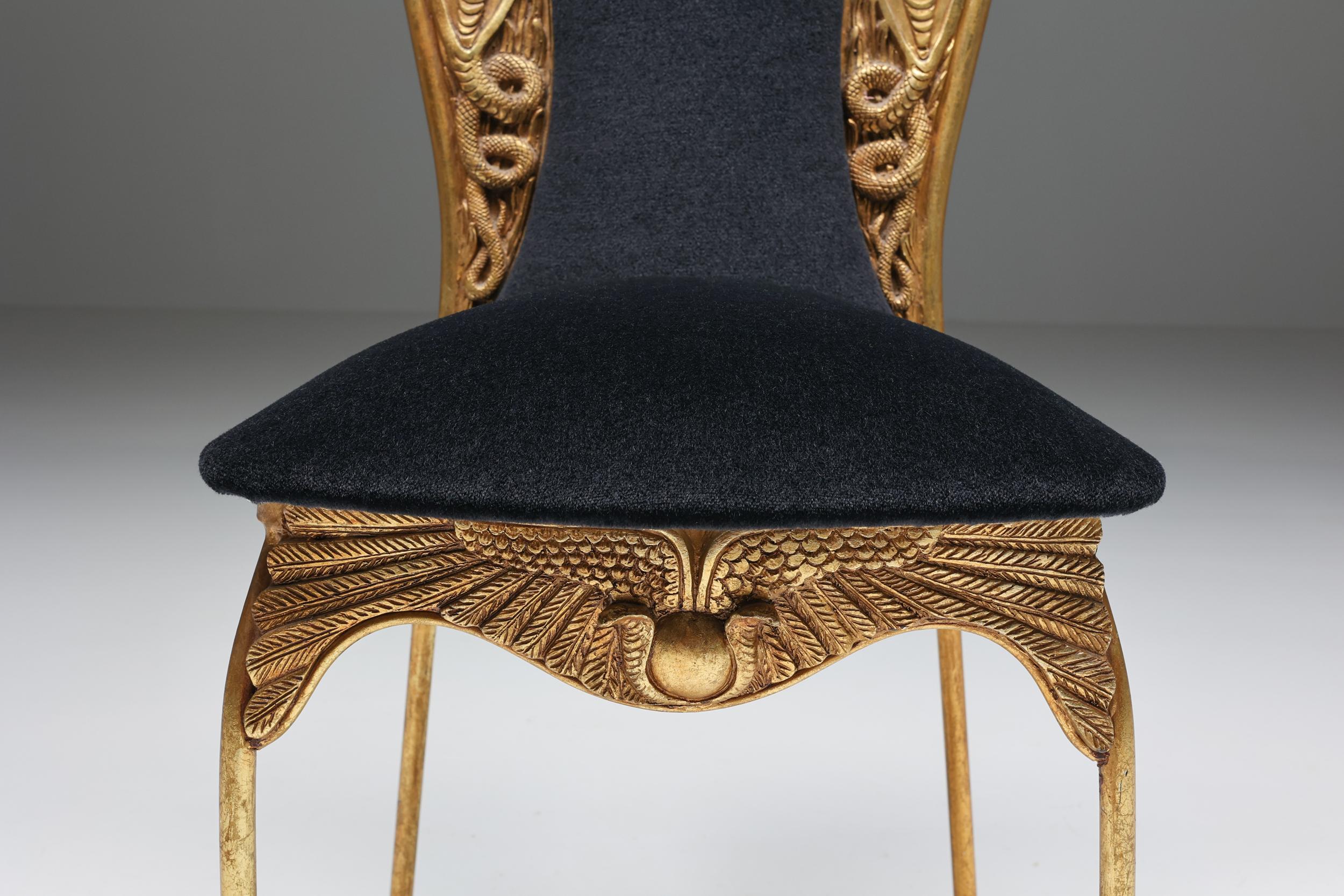 Hollywood Regency, Gilt Metal Cleopatra Dining Chairs Reupholstered, 1970's 4