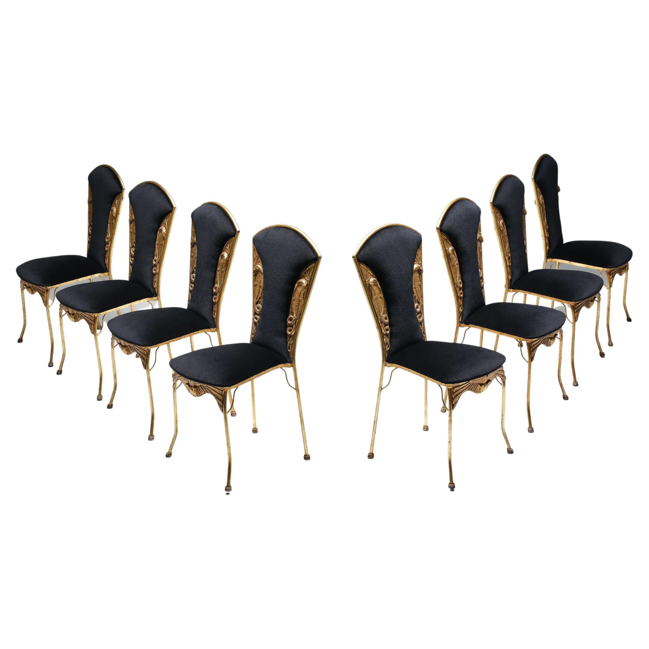 Hollywood Regency, Gilt Metal Cleopatra Dining Chairs Reupholstered, 1970's