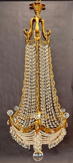 Hollywood Regency Gilt Metal & Crystal Beaded Basket Chandelier