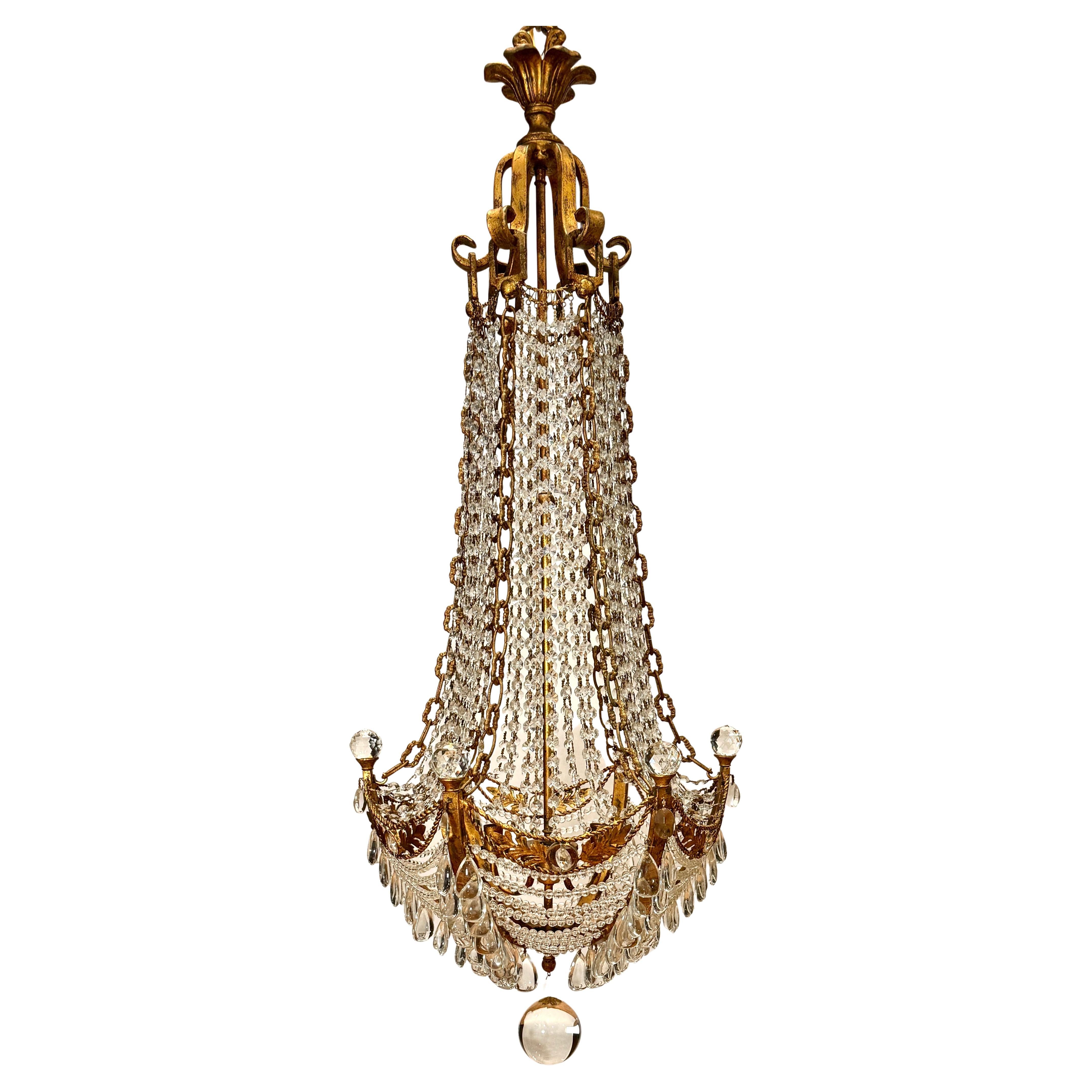 Hollywood Regency Gilt Metal
Crystal Beaded Basket Chandelier