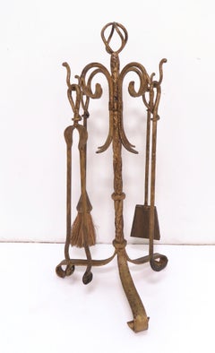 Hollywood Regency Gilt Metal Fireplace Tools with Stand, circa 1940s