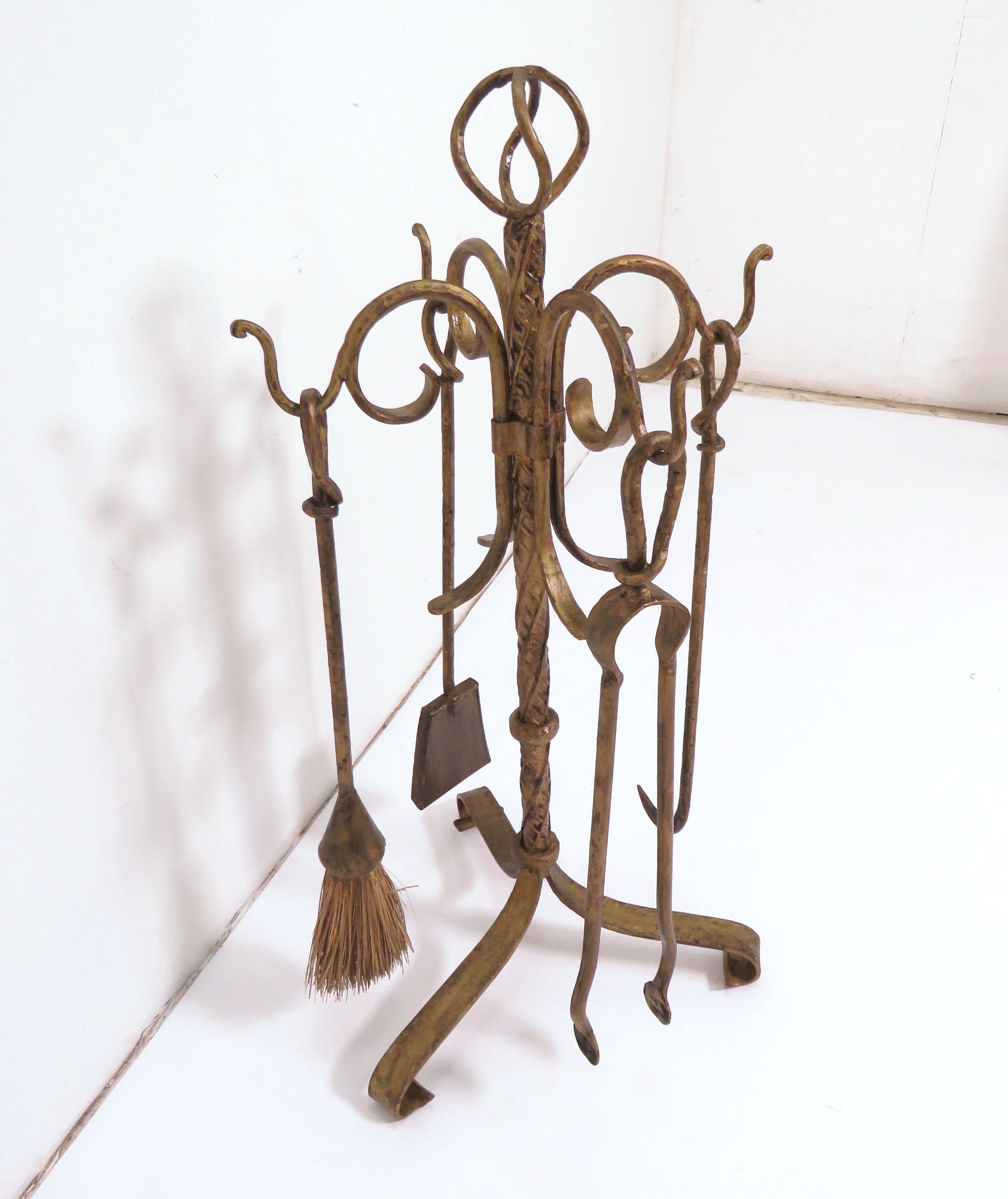 Unknown Hollywood Regency Gilt Metal Fireplace Tools with Stand, circa 1940s For Sale