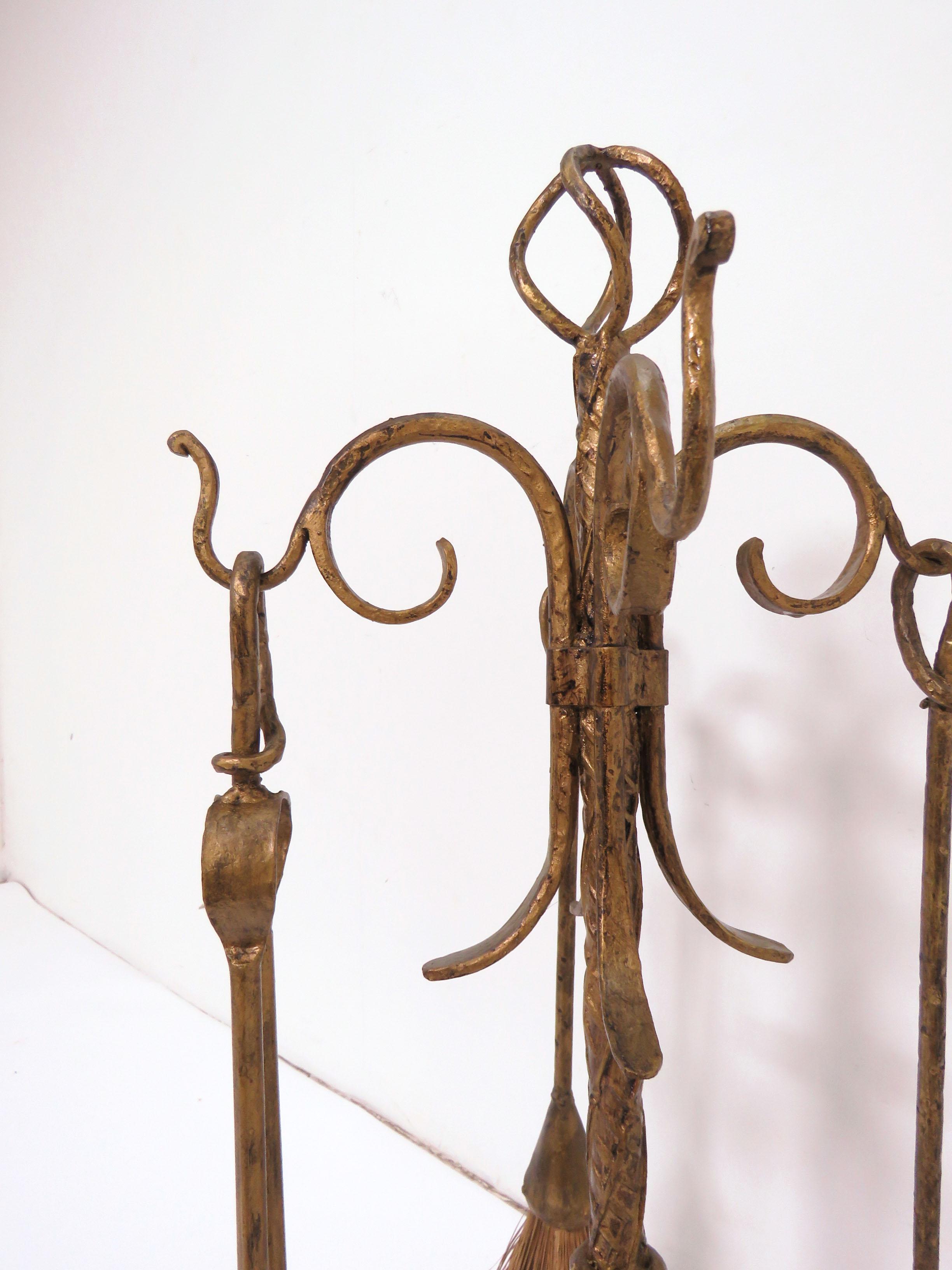 Hollywood Regency Gilt Metal Fireplace Tools with Stand, circa 1940s In Good Condition For Sale In Peabody, MA
