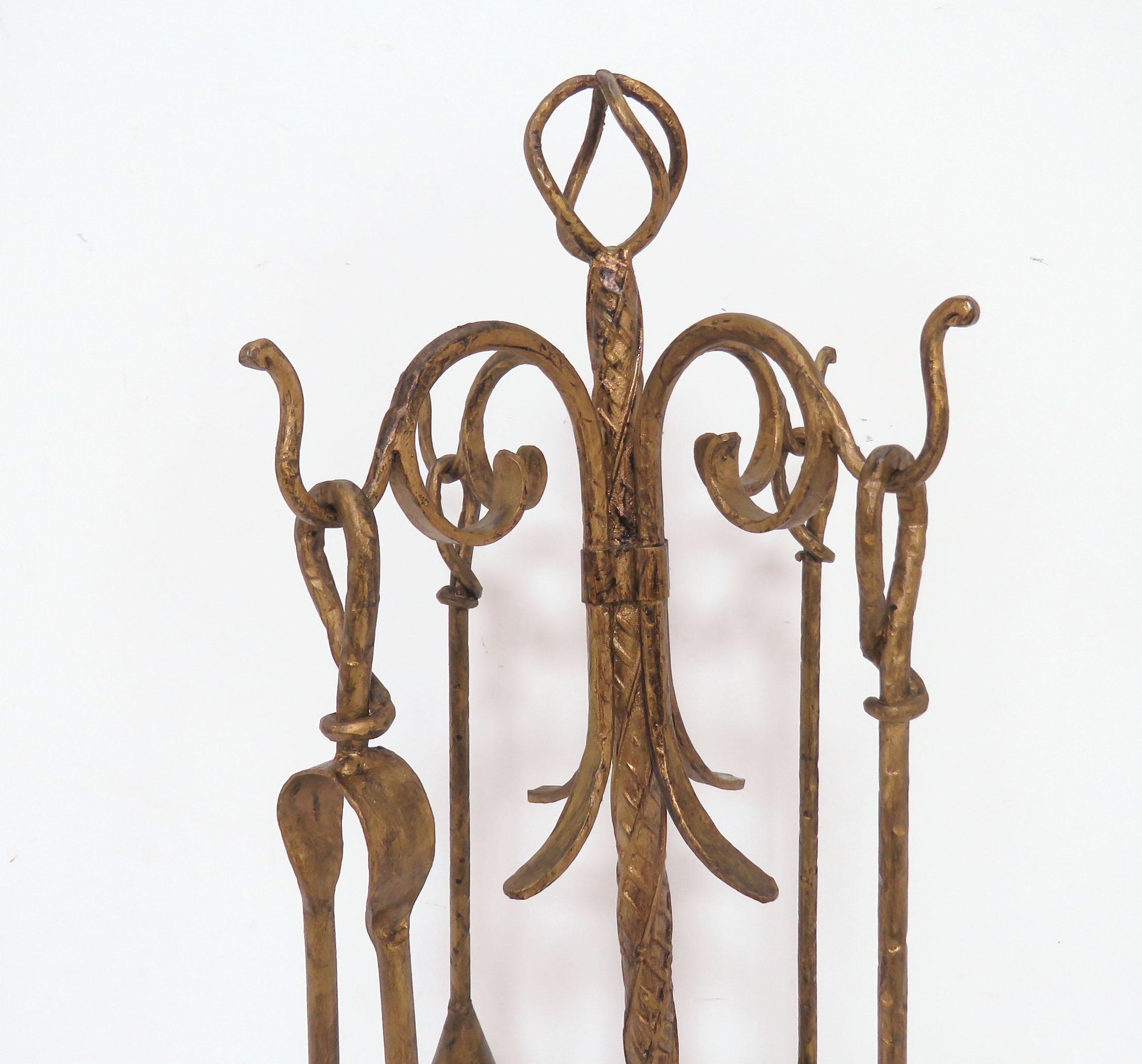 Hollywood Regency Gilt Metal Fireplace Tools with Stand, circa 1940s For Sale 2