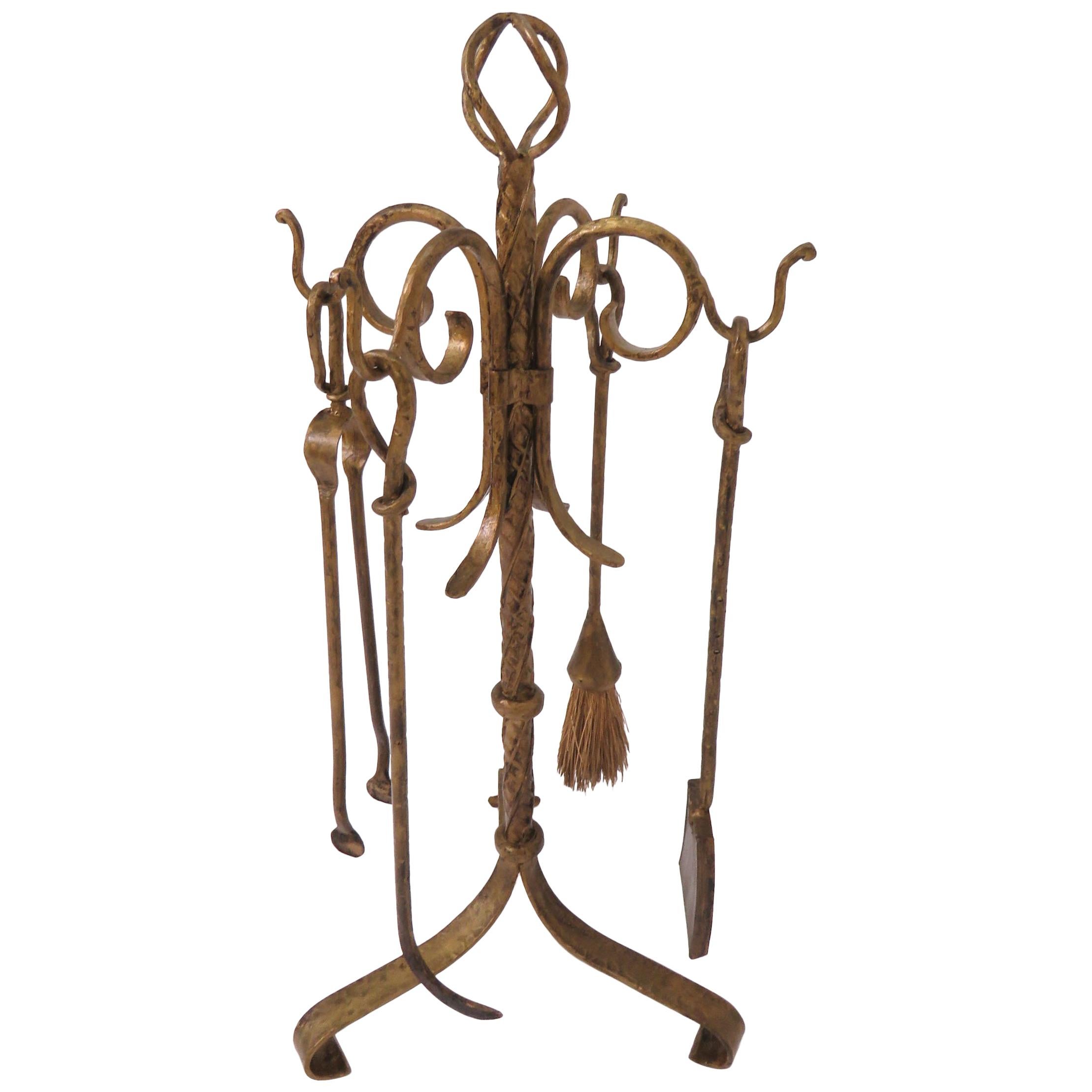 Hollywood Regency Gilt Metal Fireplace Tools with Stand, circa 1940s