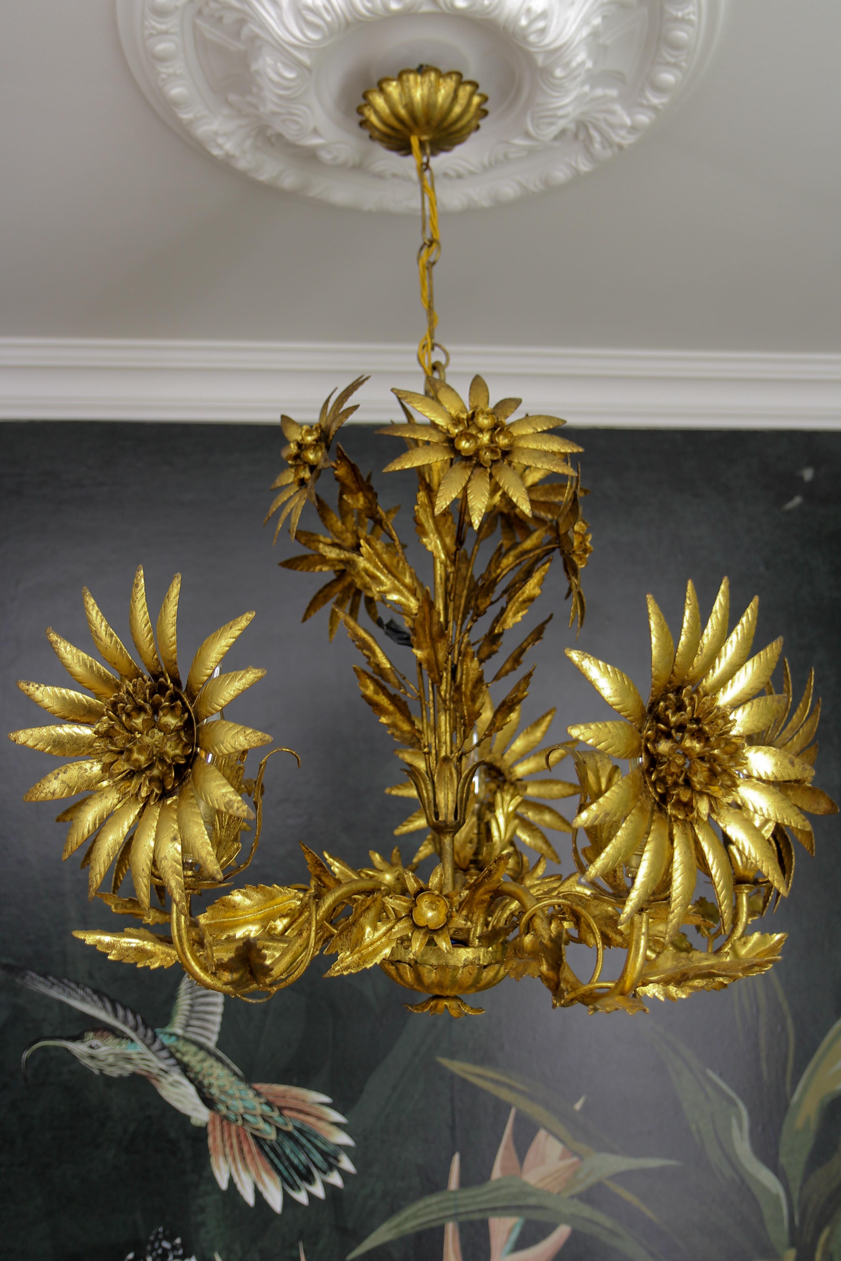 German Hollywood Regency Gilt Metal Flower Five-Light Chandelier, ca. 1950s For Sale