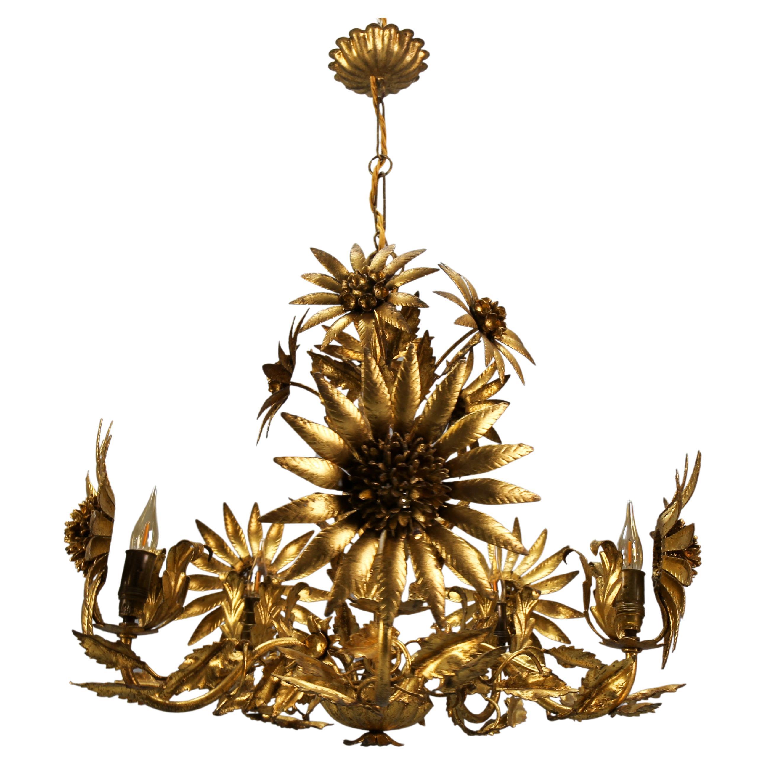 Hollywood Regency Gilt Metal Flower Five-Light Chandelier, ca. 1950s For Sale