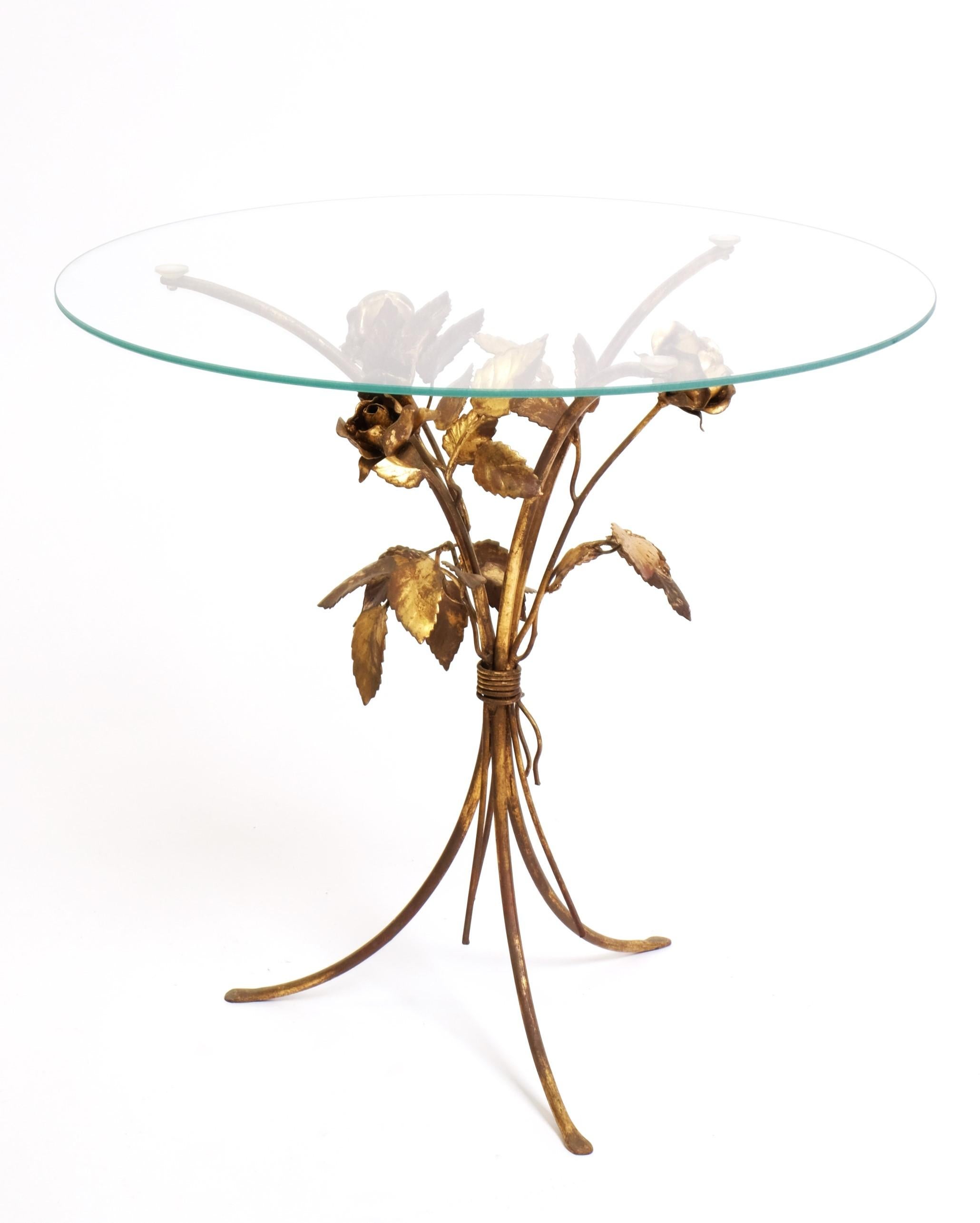Hollywood Regency Gilt Metal Flowers Bouquet Side Table, Italy 1970s 10