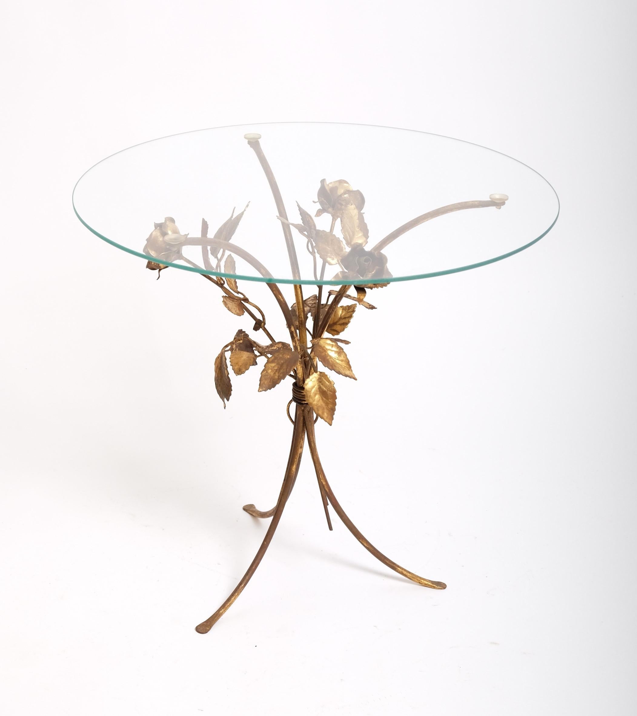Glass Hollywood Regency Gilt Metal Flowers Bouquet Side Table, Italy 1970s For Sale