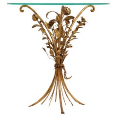 Hollywood Regency Gilt Metal Flowers Bouquet Side Table, Italy 1970s