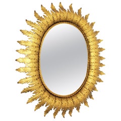 Sunburst Oval Mirror in Gilt Metal, 1950s