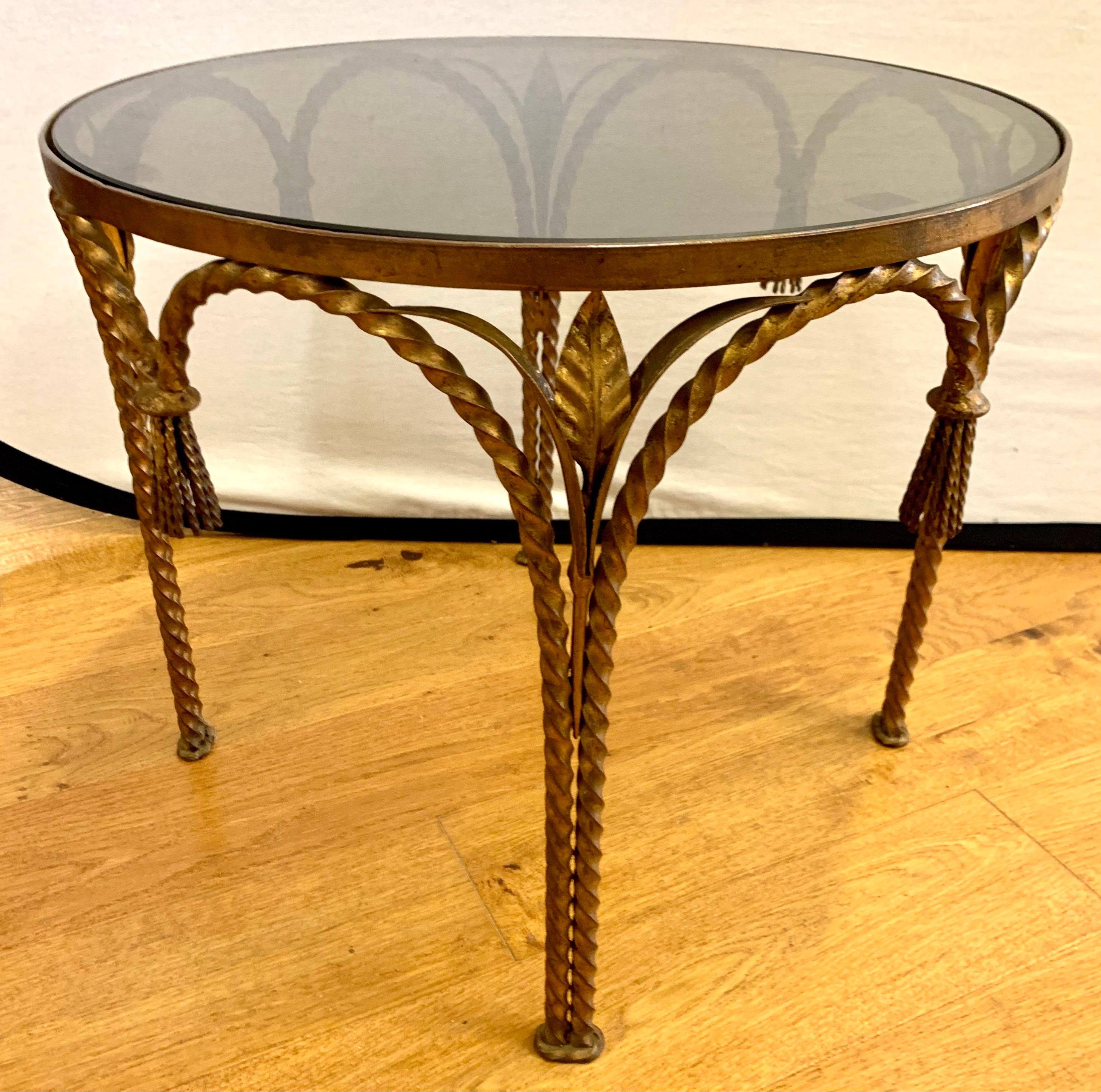 20th Century Hollywood Regency Gilt Metal Rope and Tassel Glass Tables