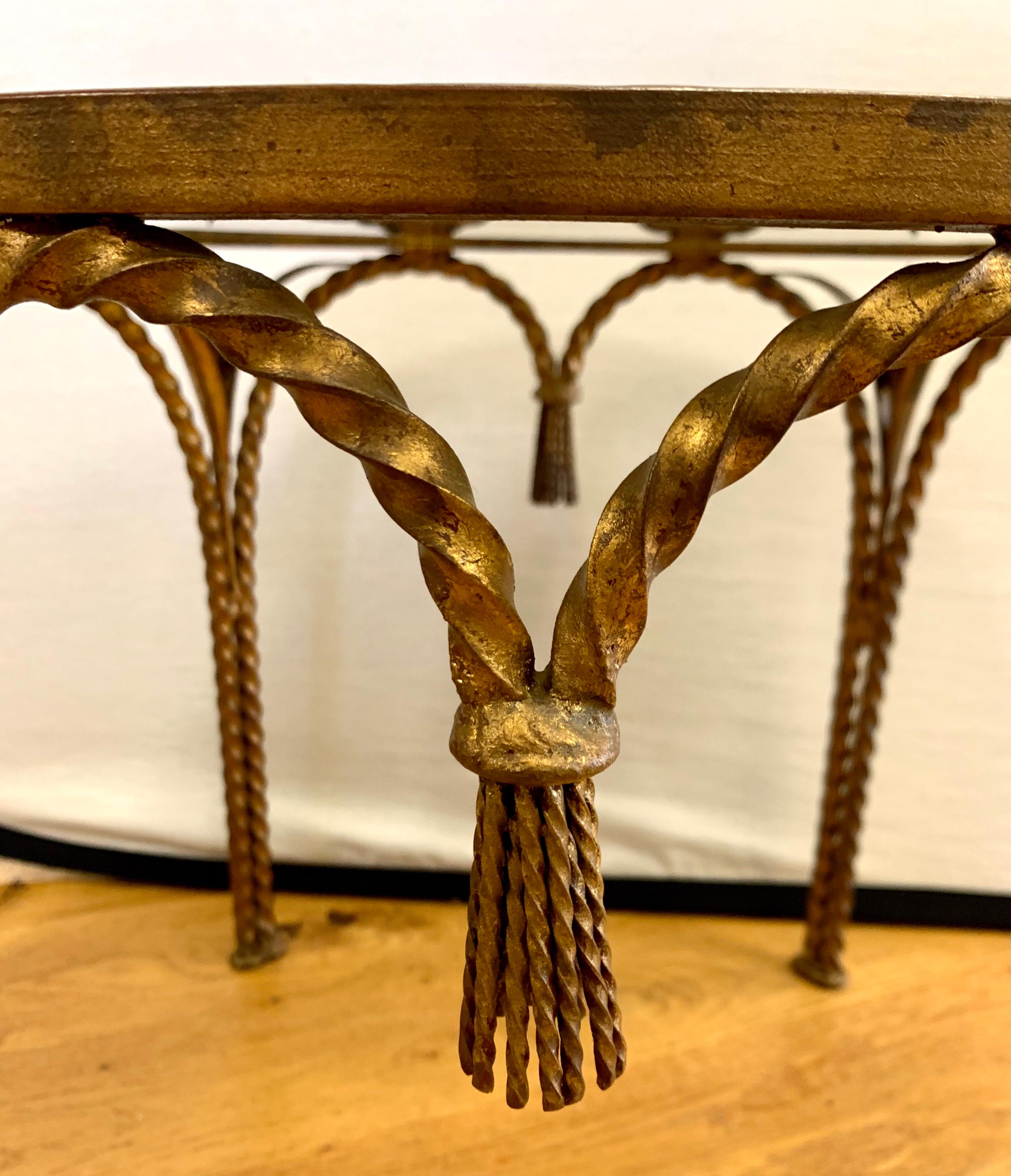 Hollywood Regency Gilt Metal Rope and Tassel Glass Tables 1