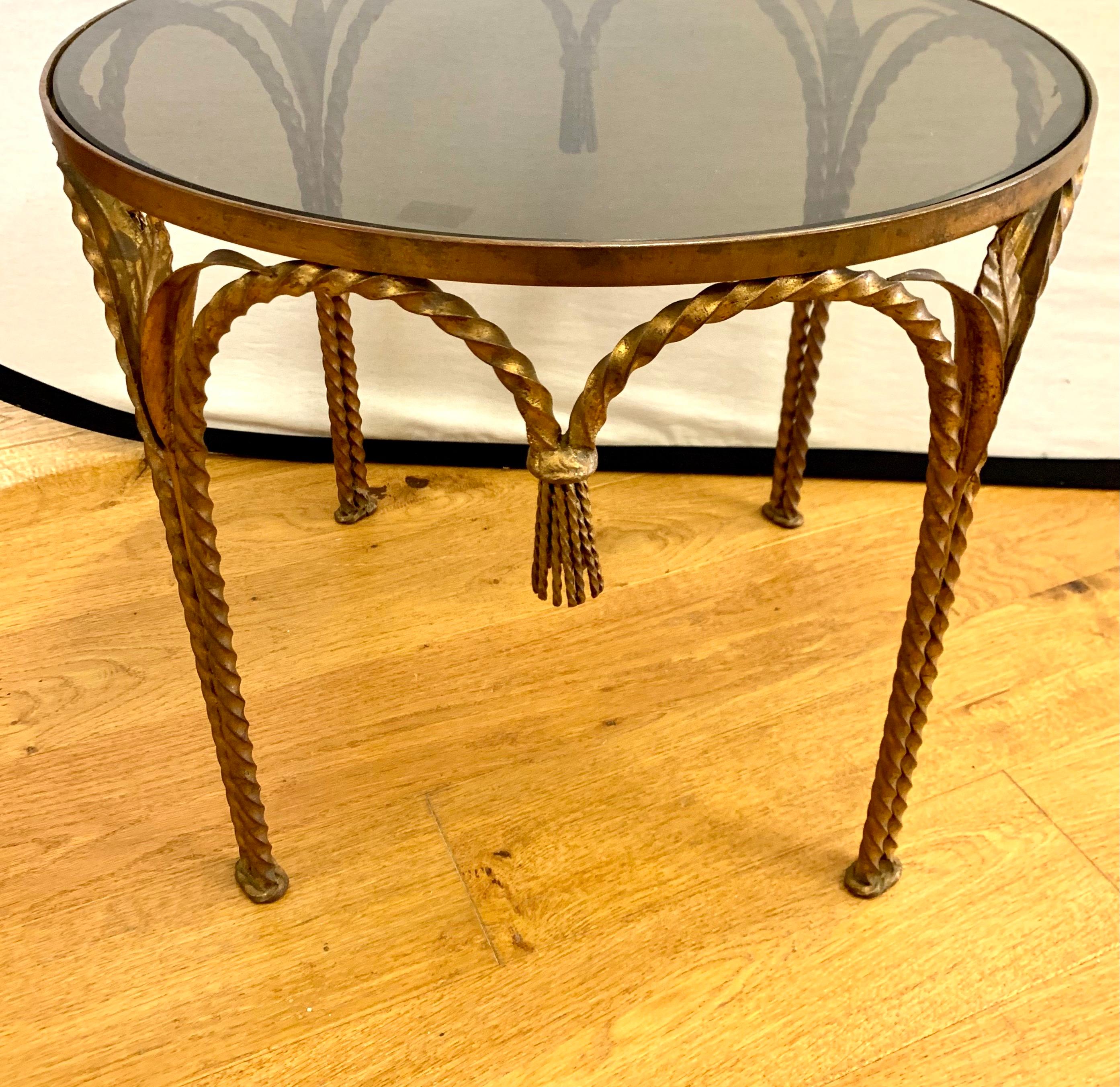 Hollywood Regency Gilt Metal Rope and Tassel Glass Tables 2