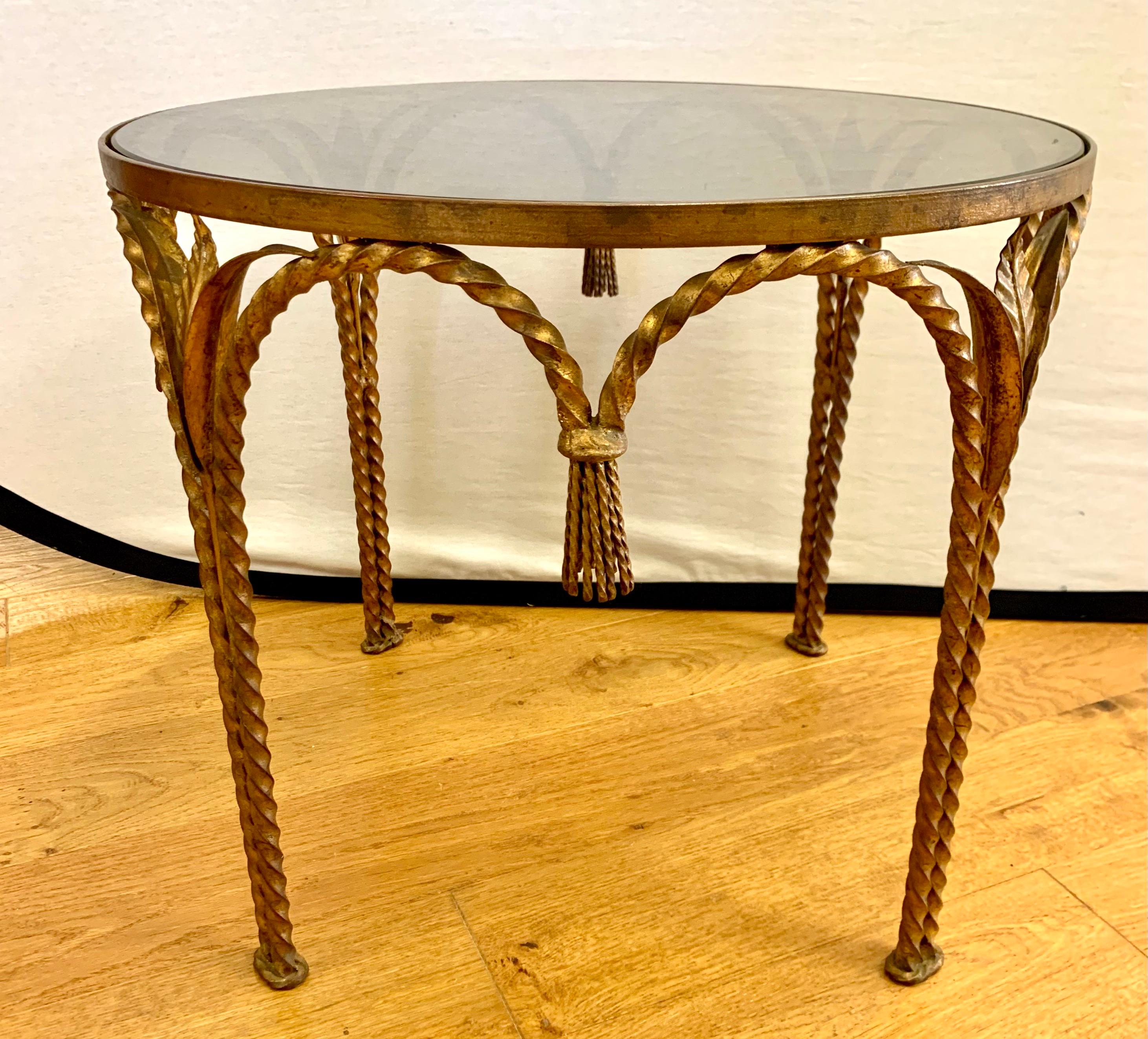 Hollywood Regency Gilt Metal Rope and Tassel Glass Tables 3