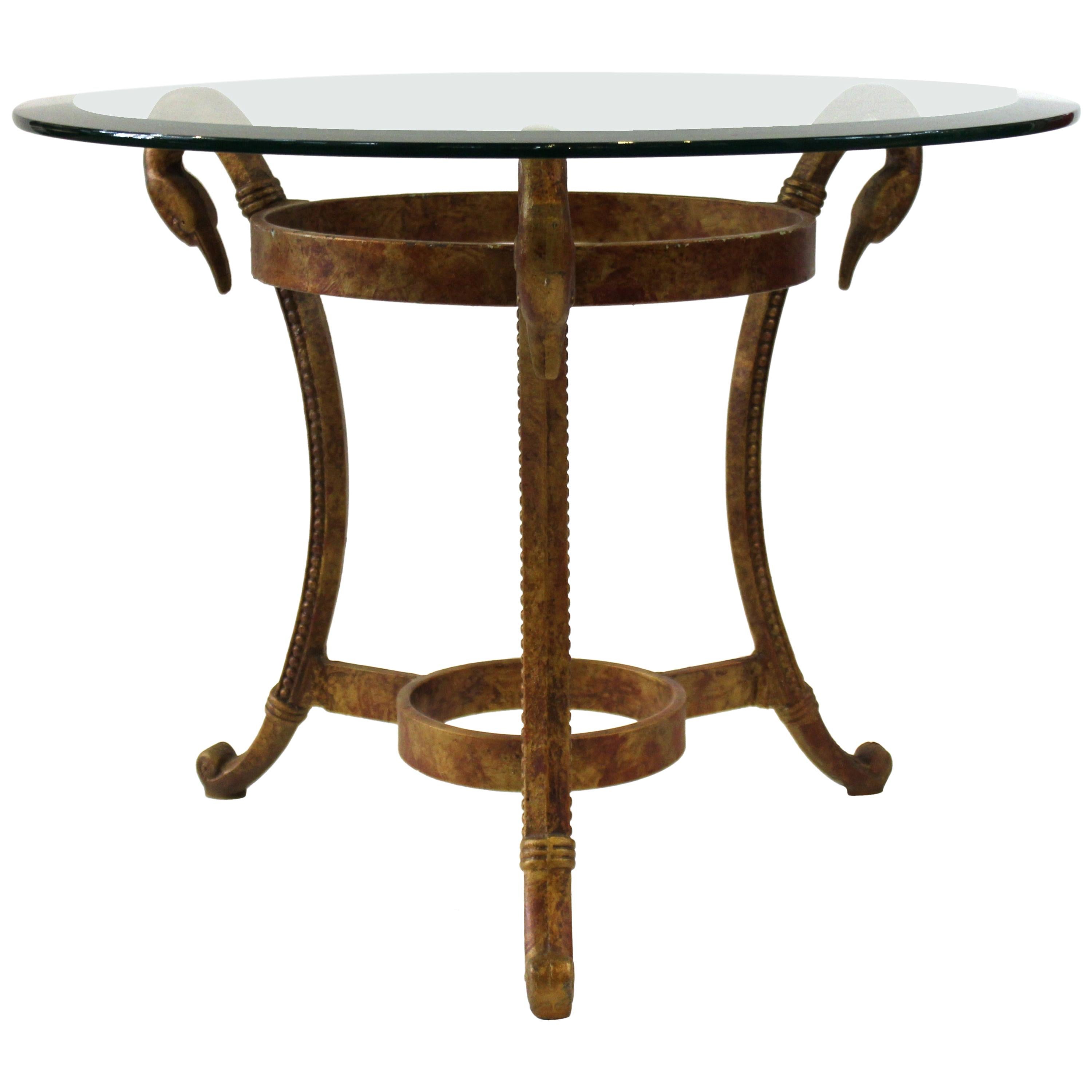 Hollywood Regency Gilt Metal Side Table with Swan Motif and Circular Glass Top