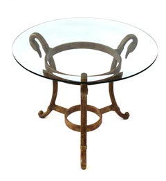 Hollywood Regency Gilt Metal Side Table with Swan Motif and Circular Glass Top
