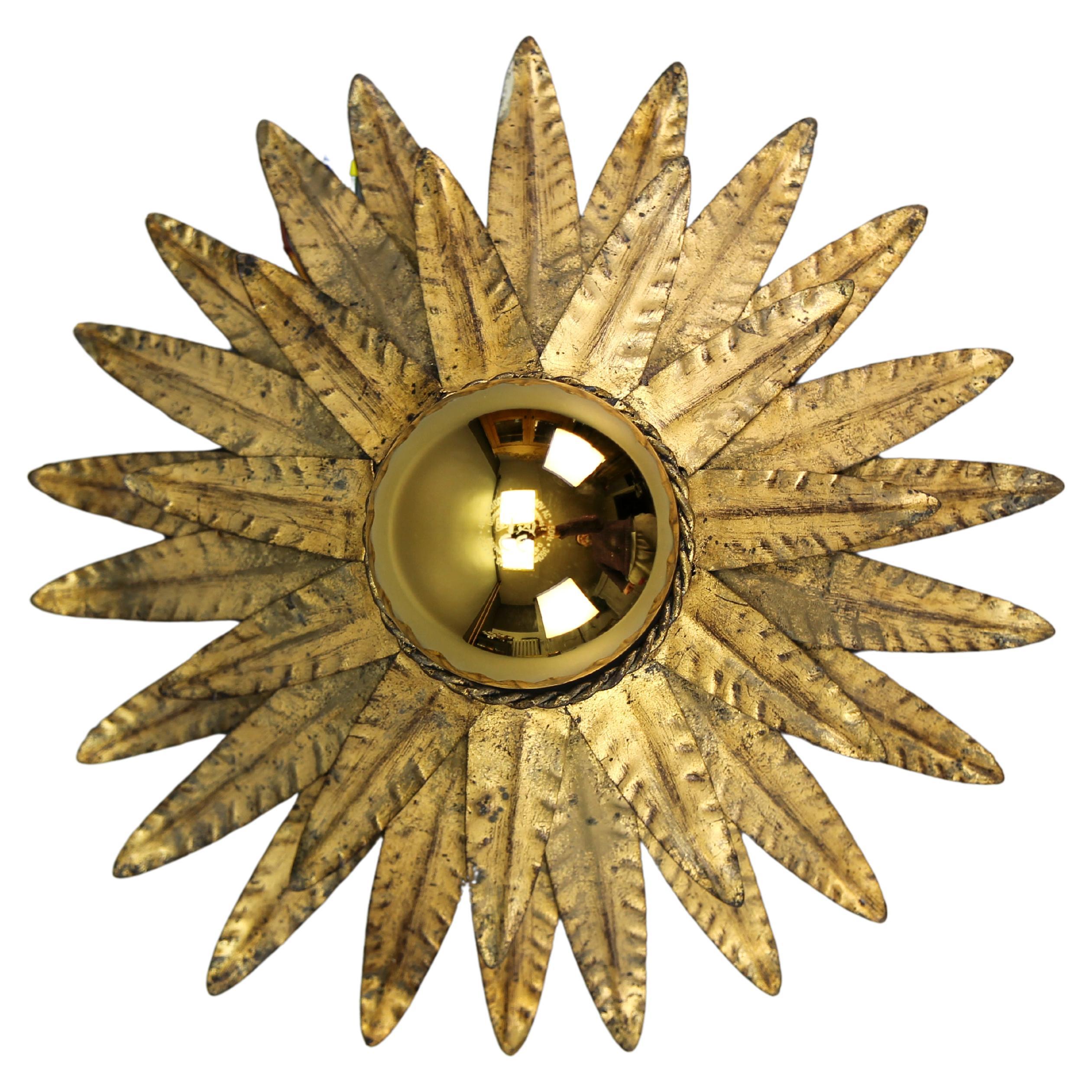 Hollywood Regency Gilt Metal Sunburst-Shaped Crown Ceiling Light Fixture, 1960s For Sale