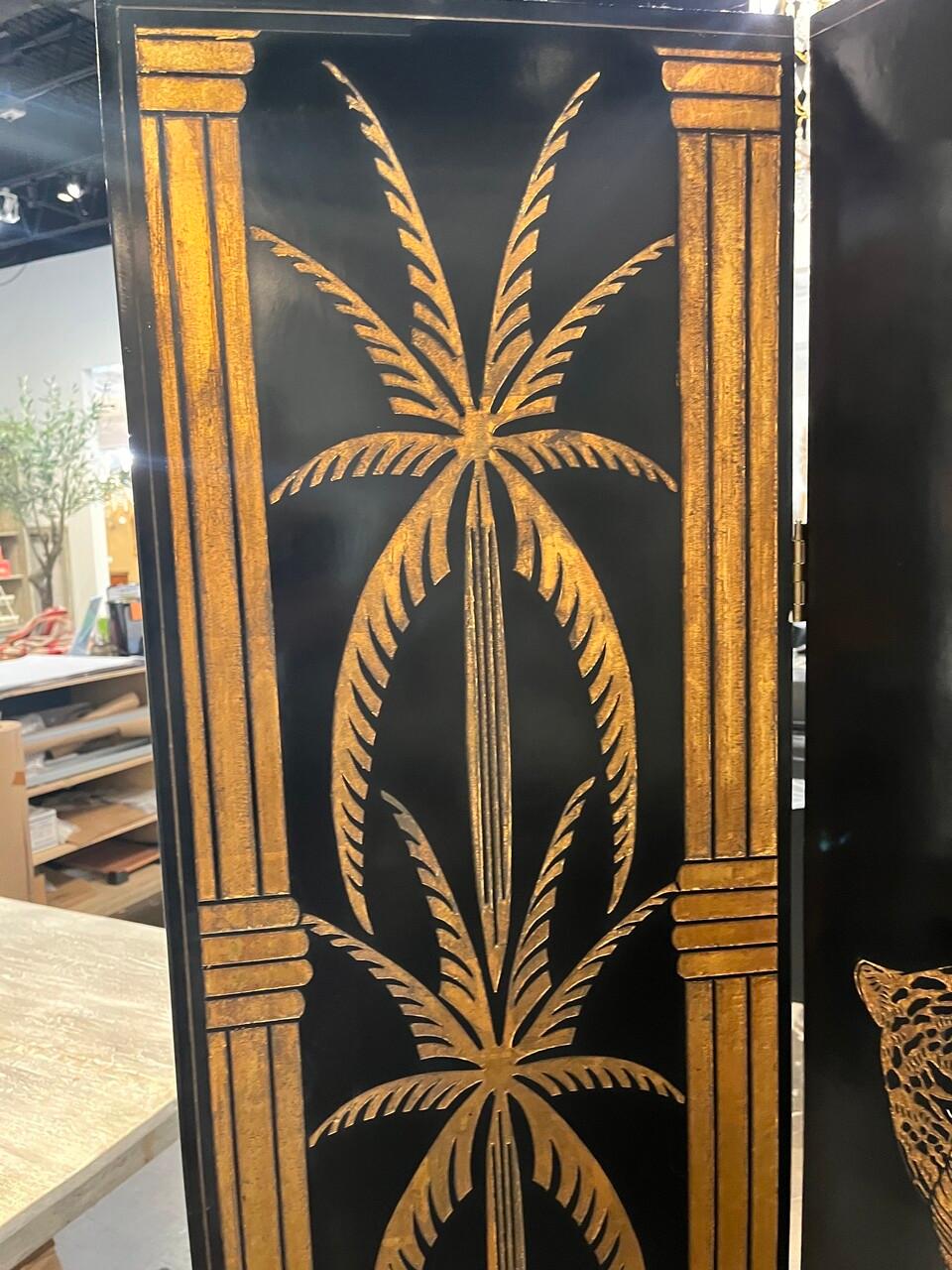 American Hollywood Regency Gilt Palm and Cheetahs Folding Screen For Sale